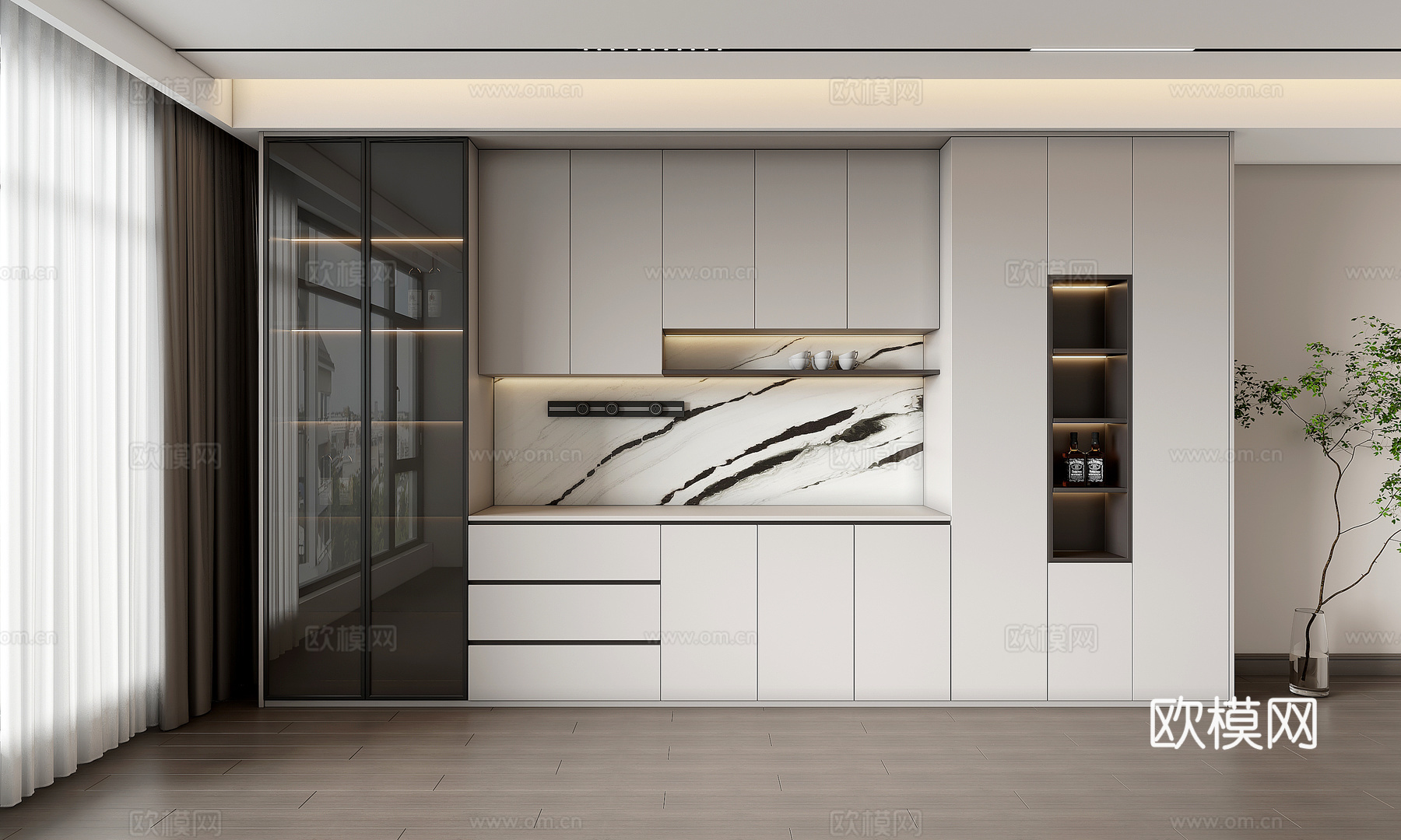 现代酒柜 餐边柜 备餐台su模型下载（渲染图2）