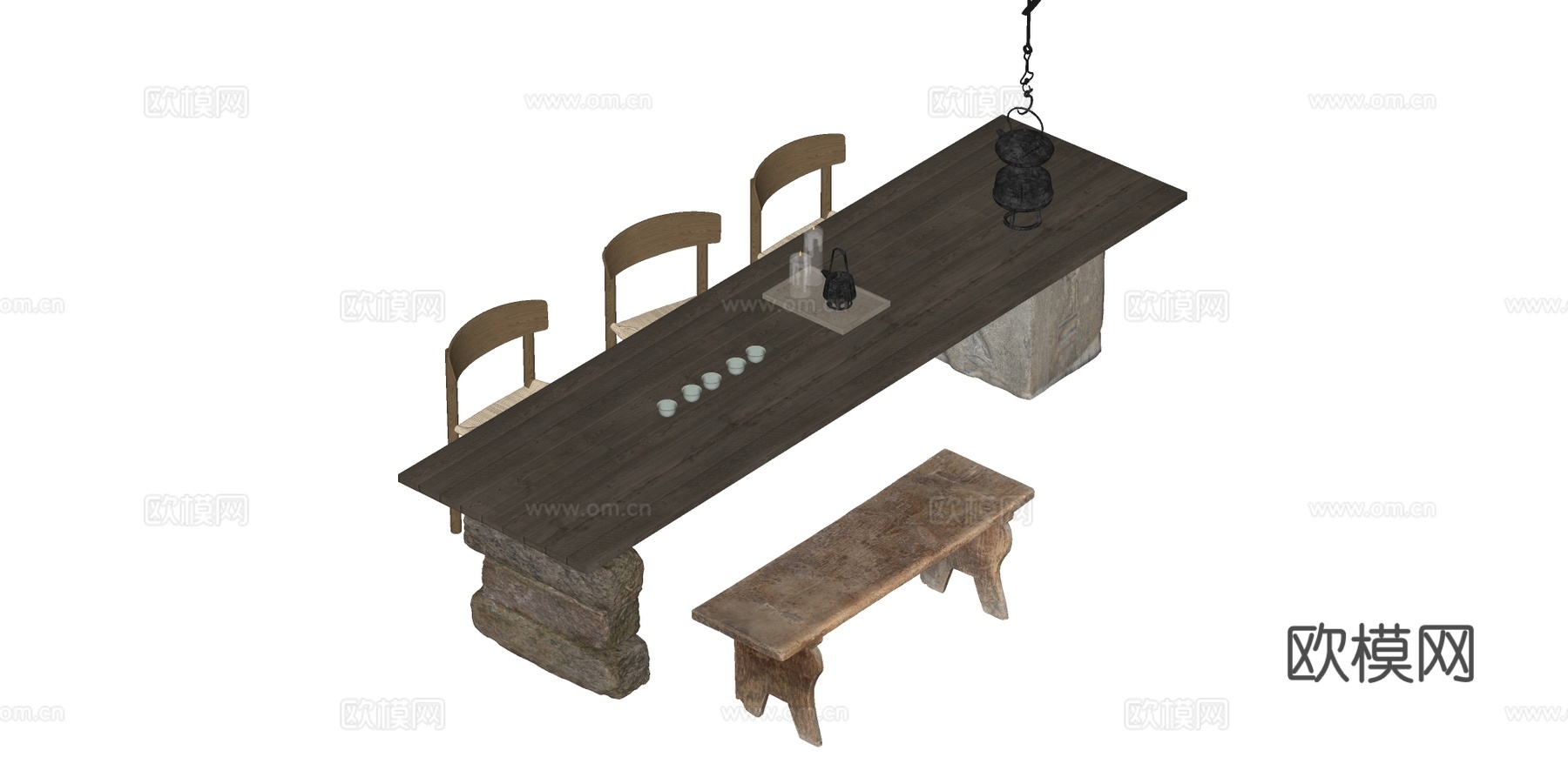 中古风茶桌椅 茶台su模型