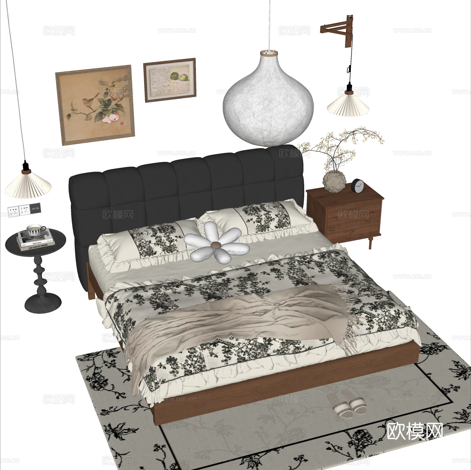 中古风双人床su模型下载（渲染图1）