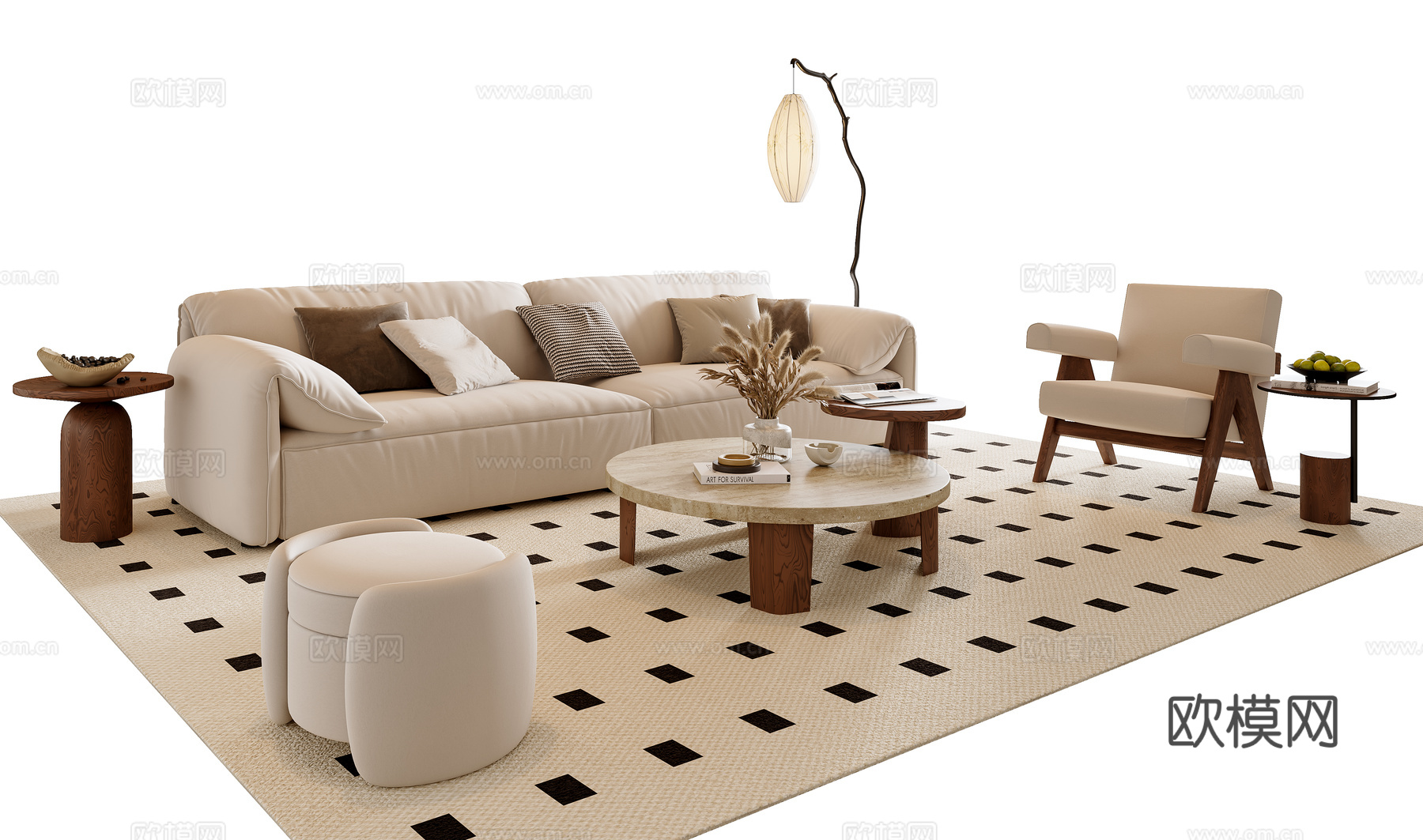 中古风组合沙发su模型下载（渲染图2）
