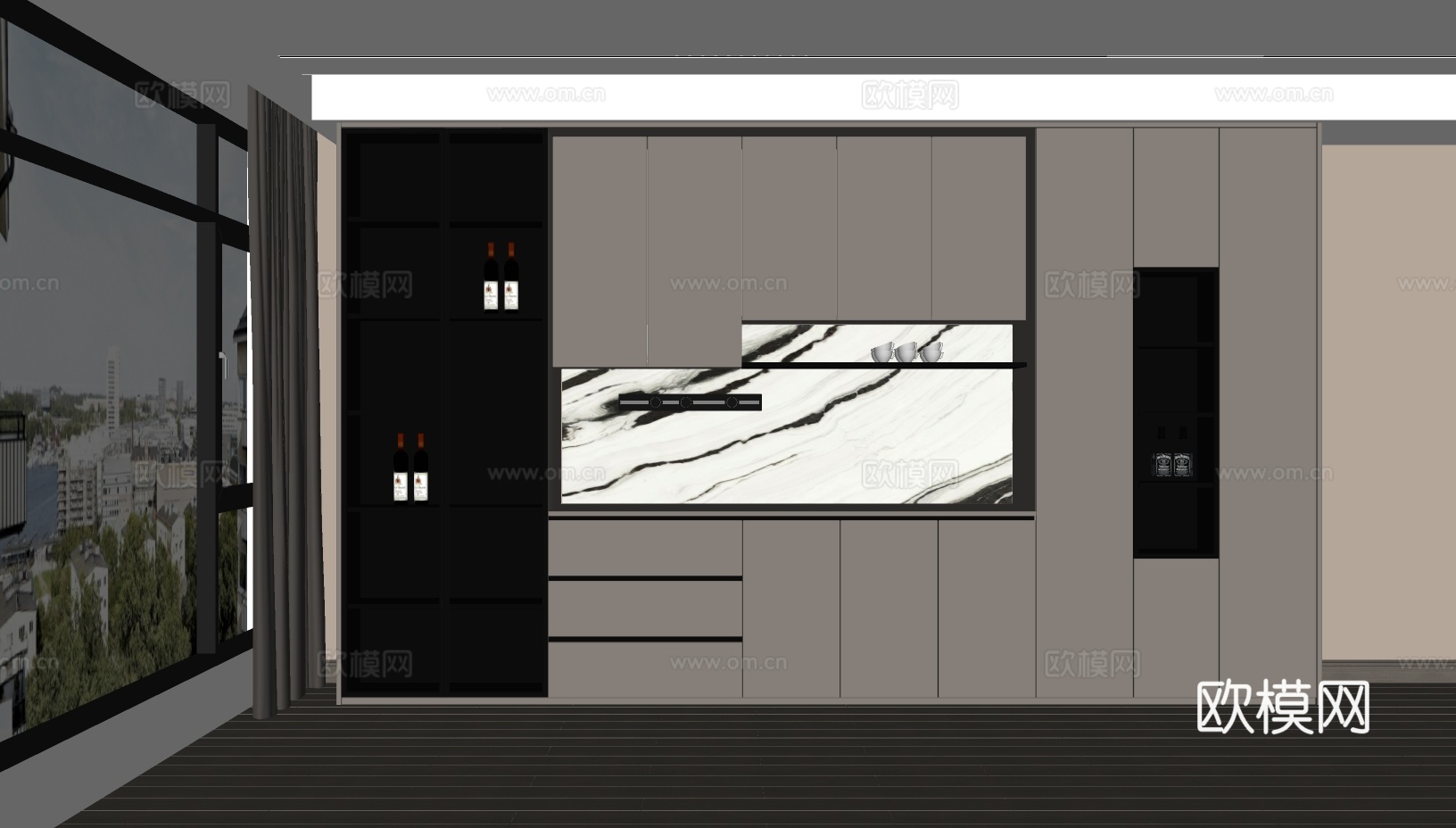 现代酒柜 餐边柜 备餐台su模型下载（渲染图1）