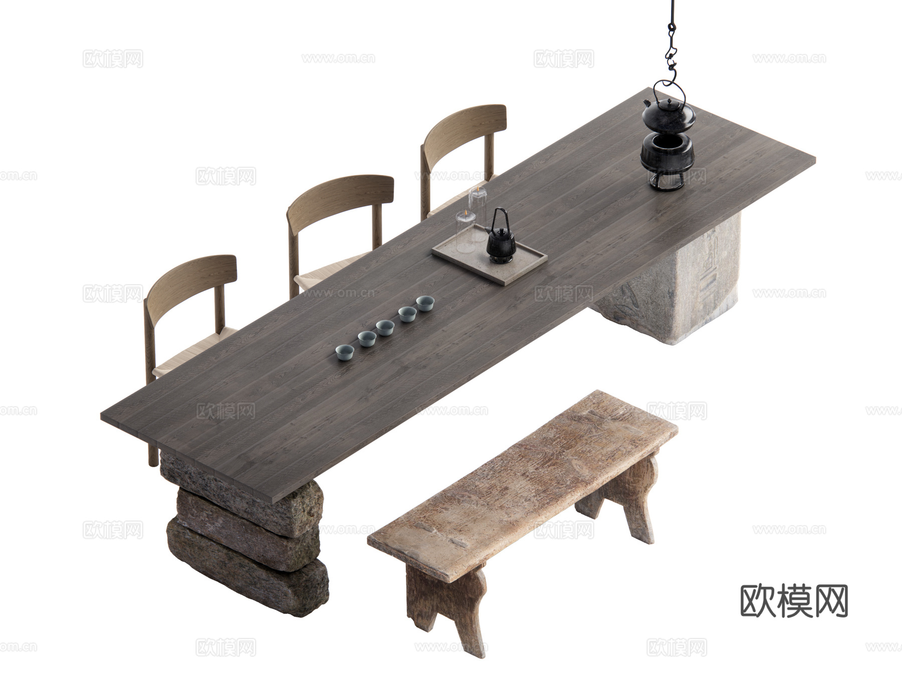 中古风茶桌椅 茶台su模型