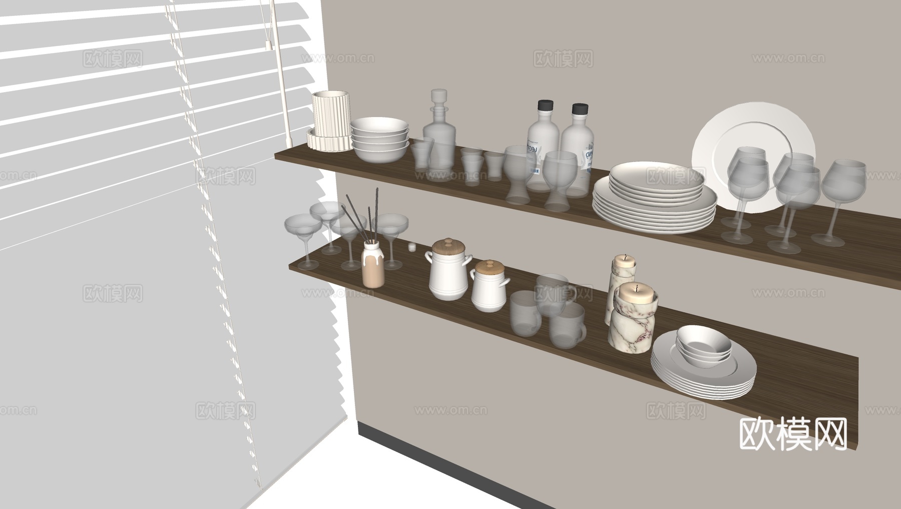 餐具 碟盘碗具 醒酒器 蜡烛摆件su模型下载（渲染图1）