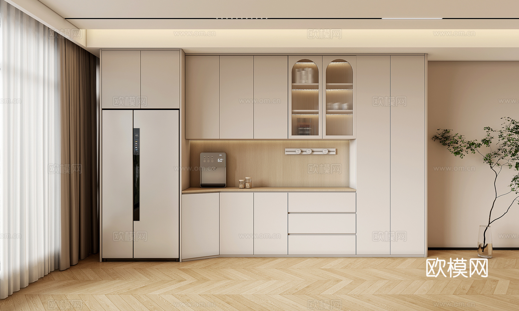 奶油风餐边柜 冰箱柜su模型下载（渲染图2）