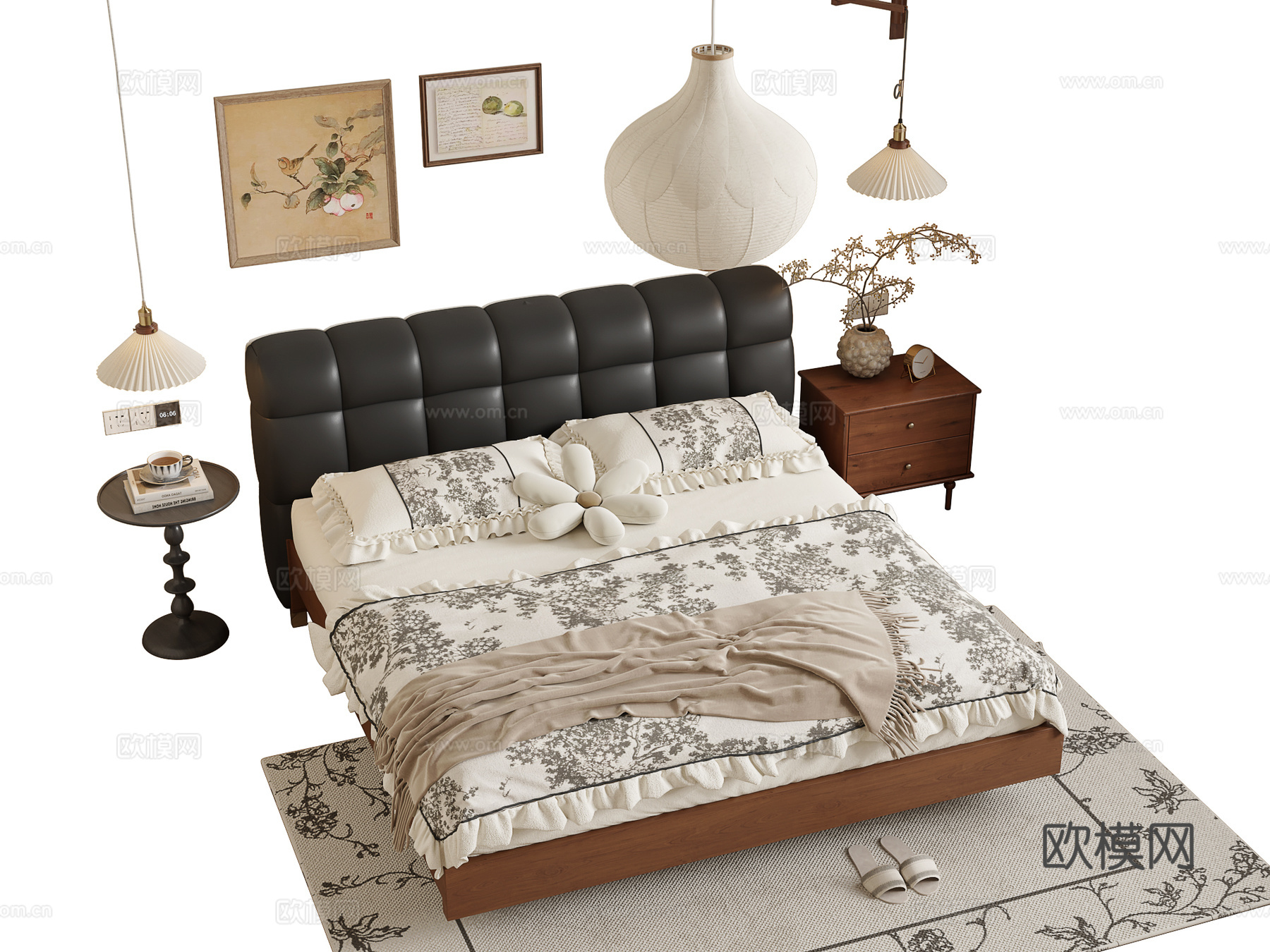 中古风双人床su模型下载（渲染图2）