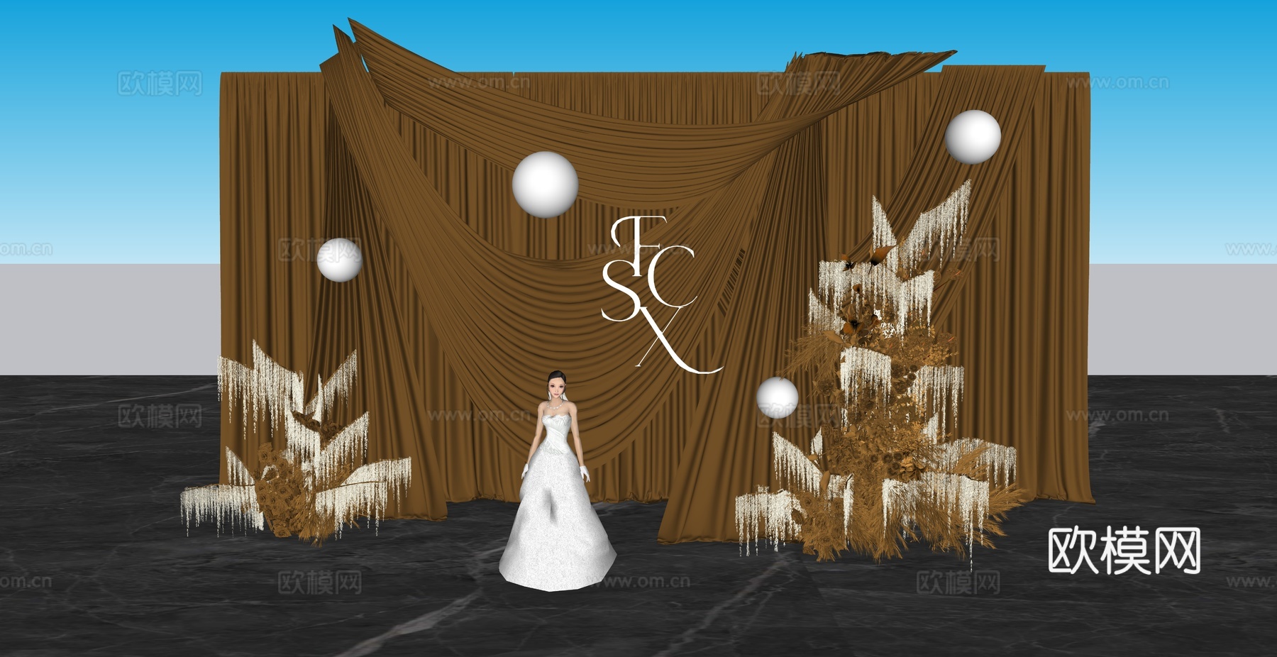 咖色造型布幔婚礼设计su模型下载（渲染图1）