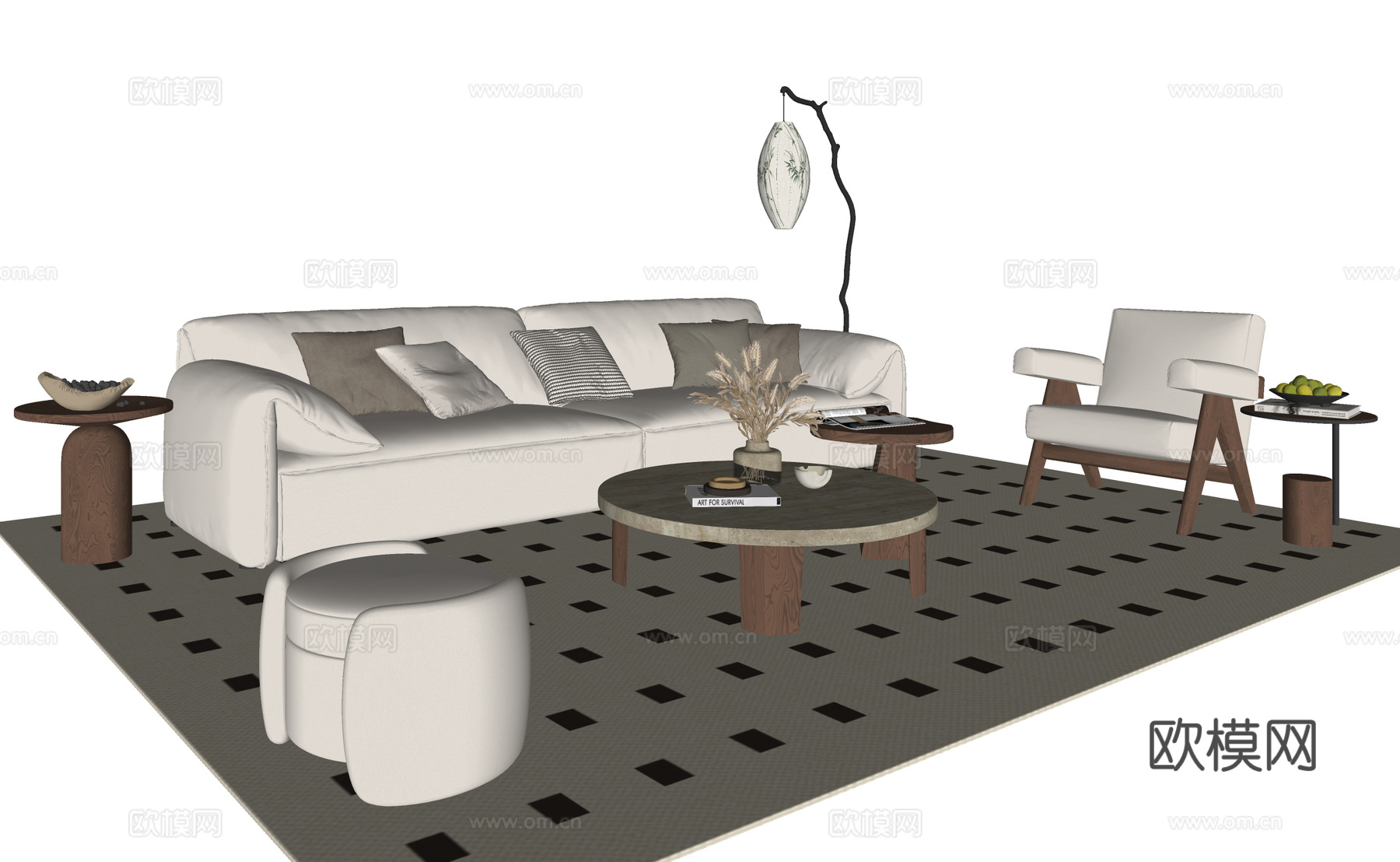 中古风组合沙发su模型下载（渲染图1）