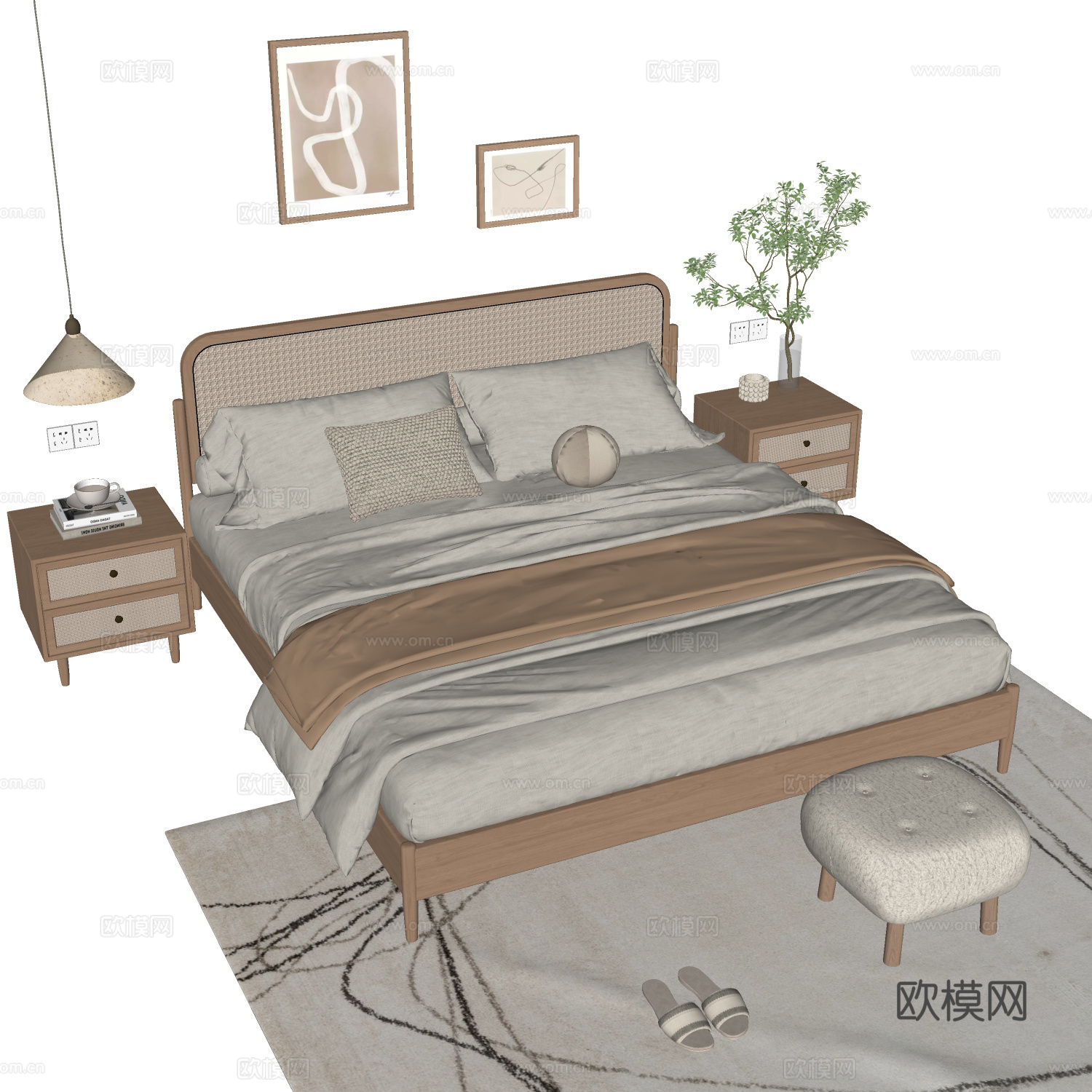 北欧双人床su模型下载（渲染图1）