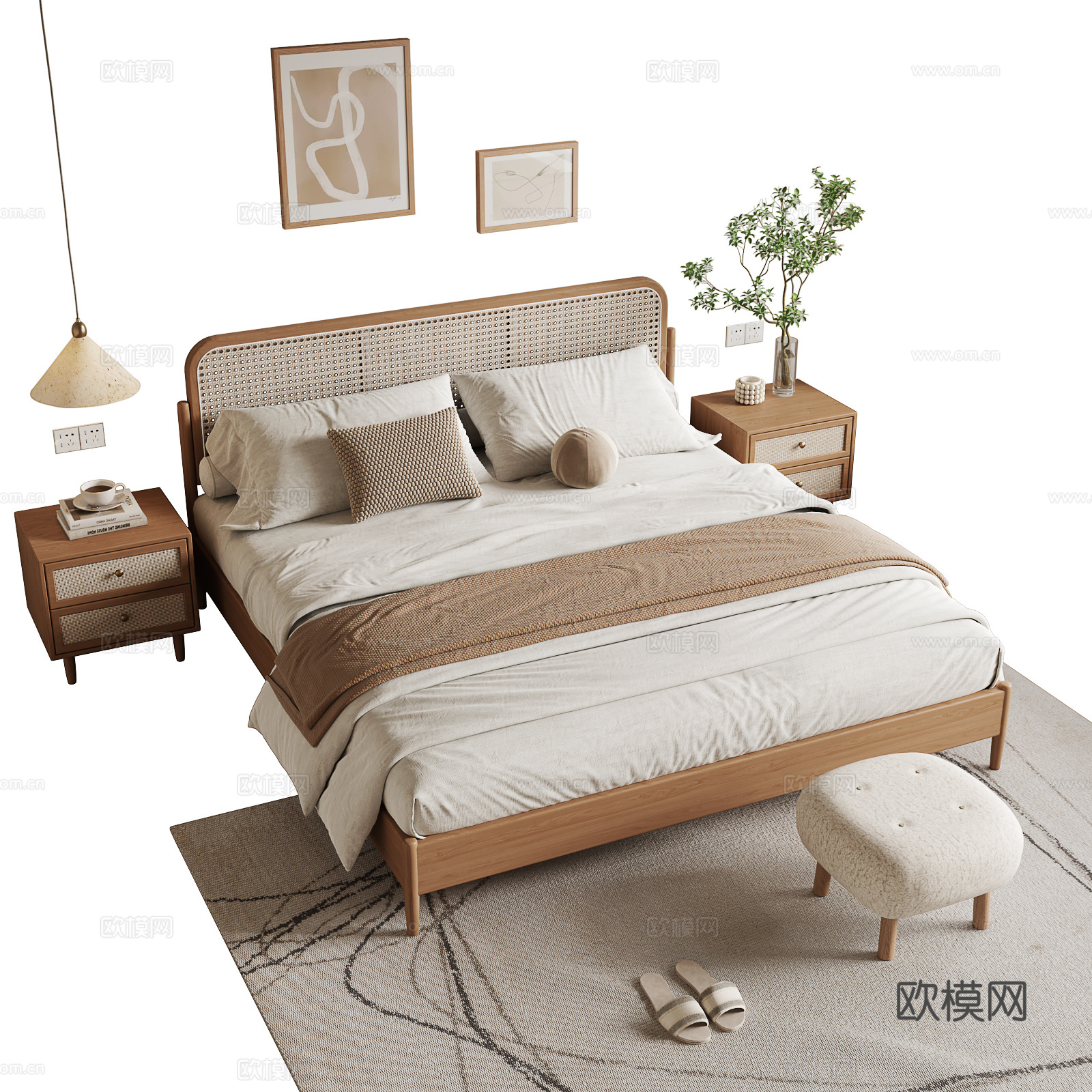 北欧双人床su模型下载（渲染图2）