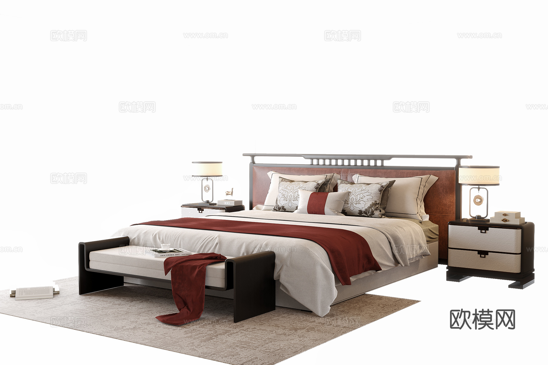 新中式双人床3d模型下载