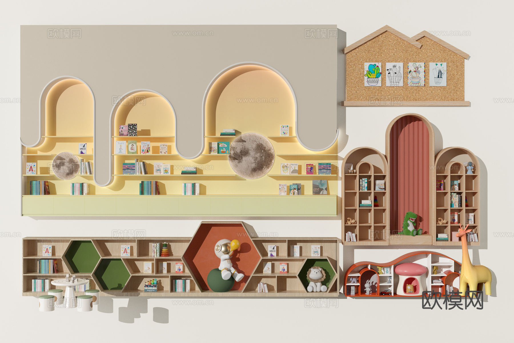 现代幼儿园书架 儿童柜 软木板 造型书柜3d模型下载