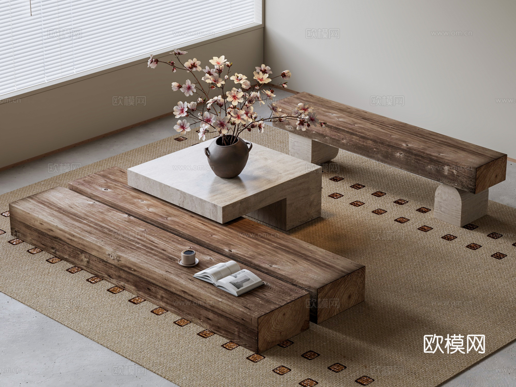 侘寂风原木茶具3d模型
