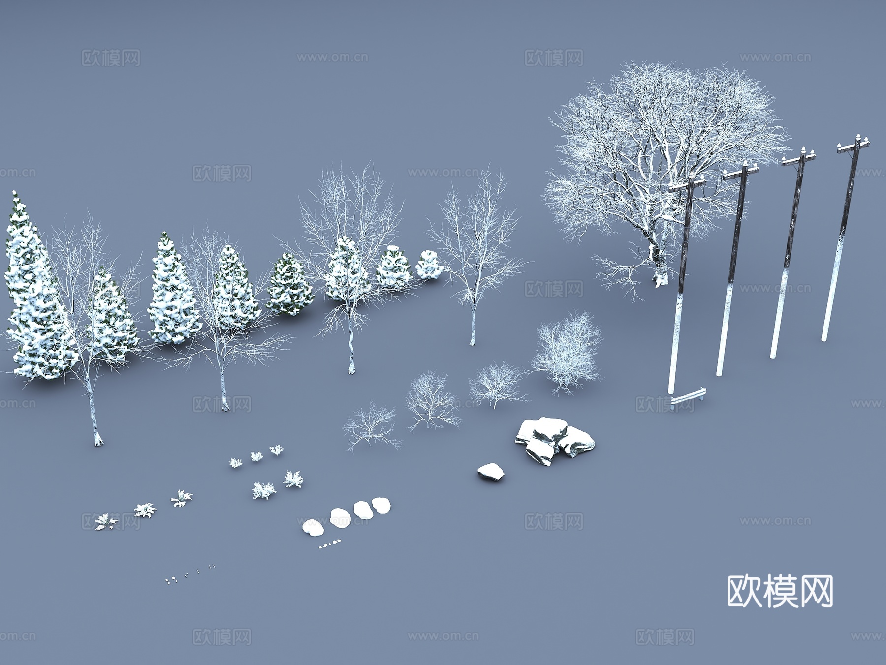 雪景树 积雪石头 积雪树木 灌木3d模型