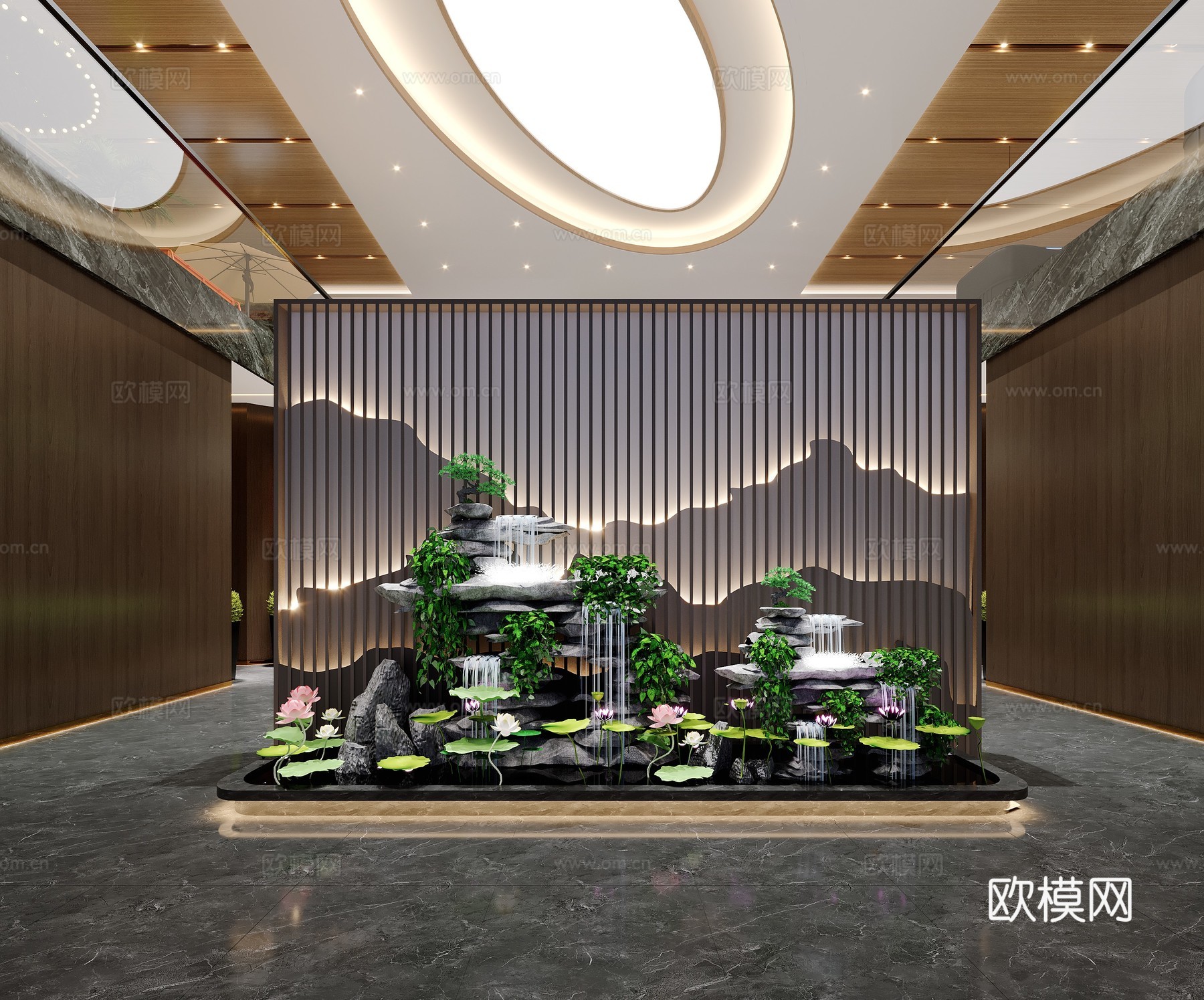 新中式玄关流水 假山 对景墙3d模型