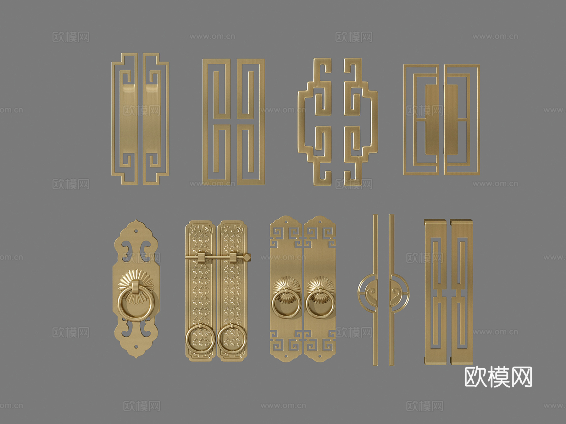 新中式黄古铜门把手 复古拉手3d模型