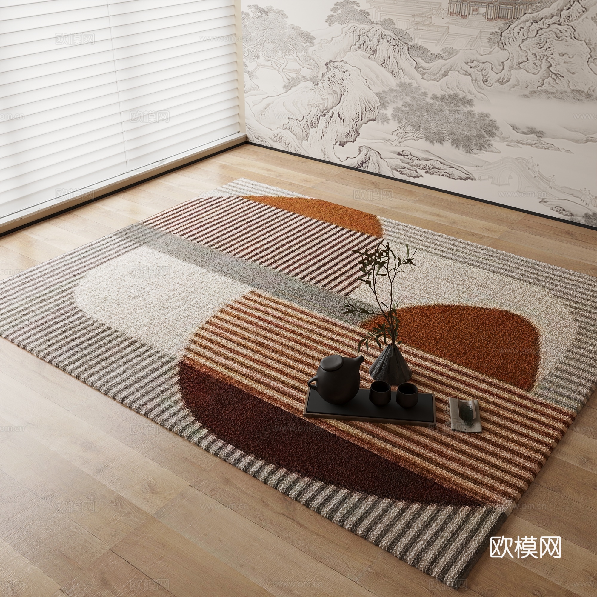 新中式地毯 几何地毯3d模型下载
