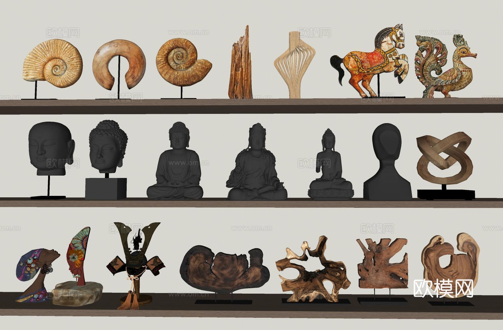 新中式雕塑 佛像雕塑su模型下载（渲染图1）