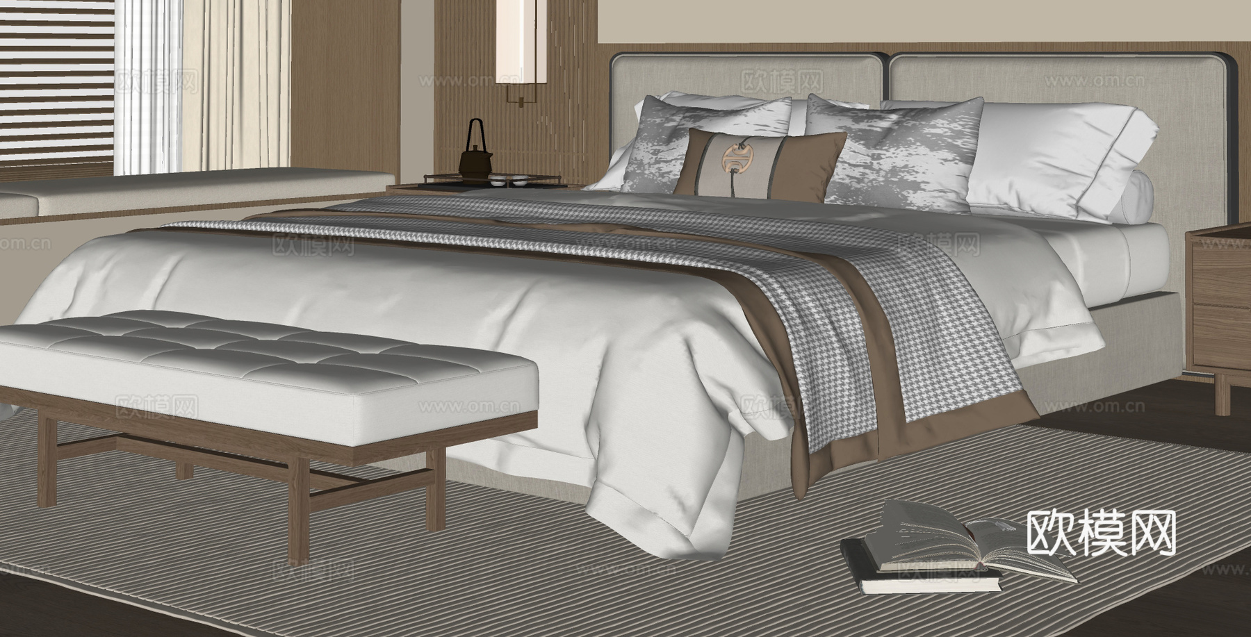 新中式双人床su模型下载（渲染图1）