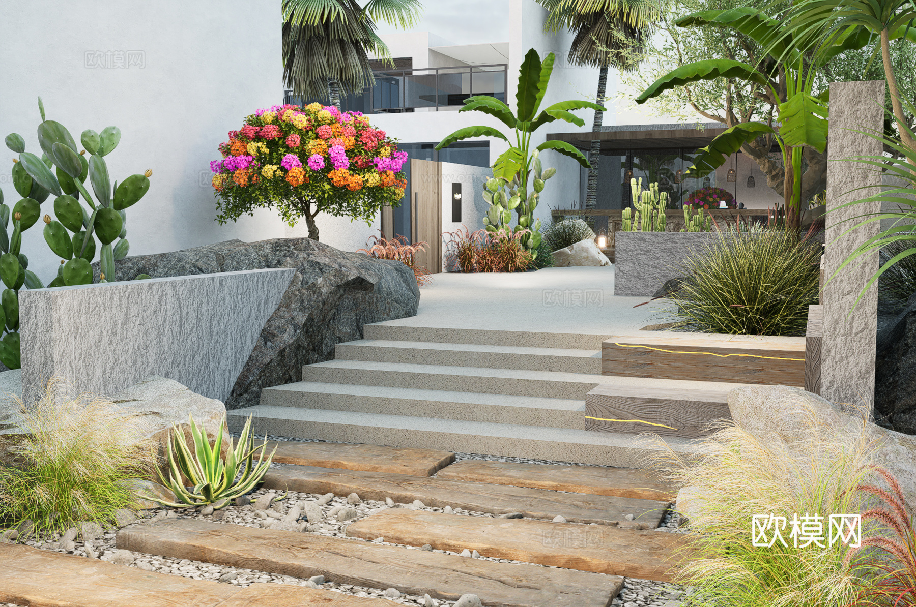 度假酒店 景观台阶su模型