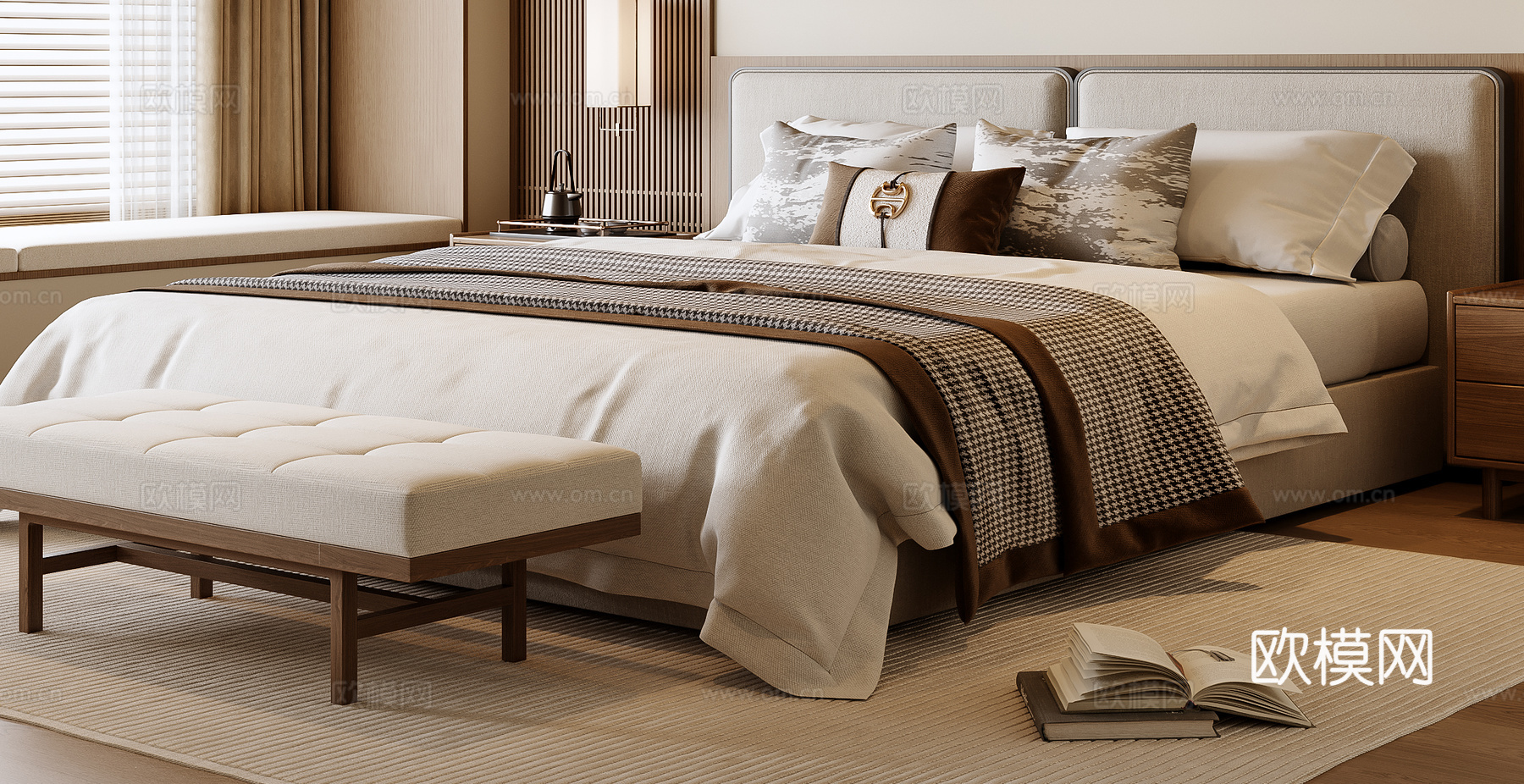 新中式双人床su模型下载（渲染图2）
