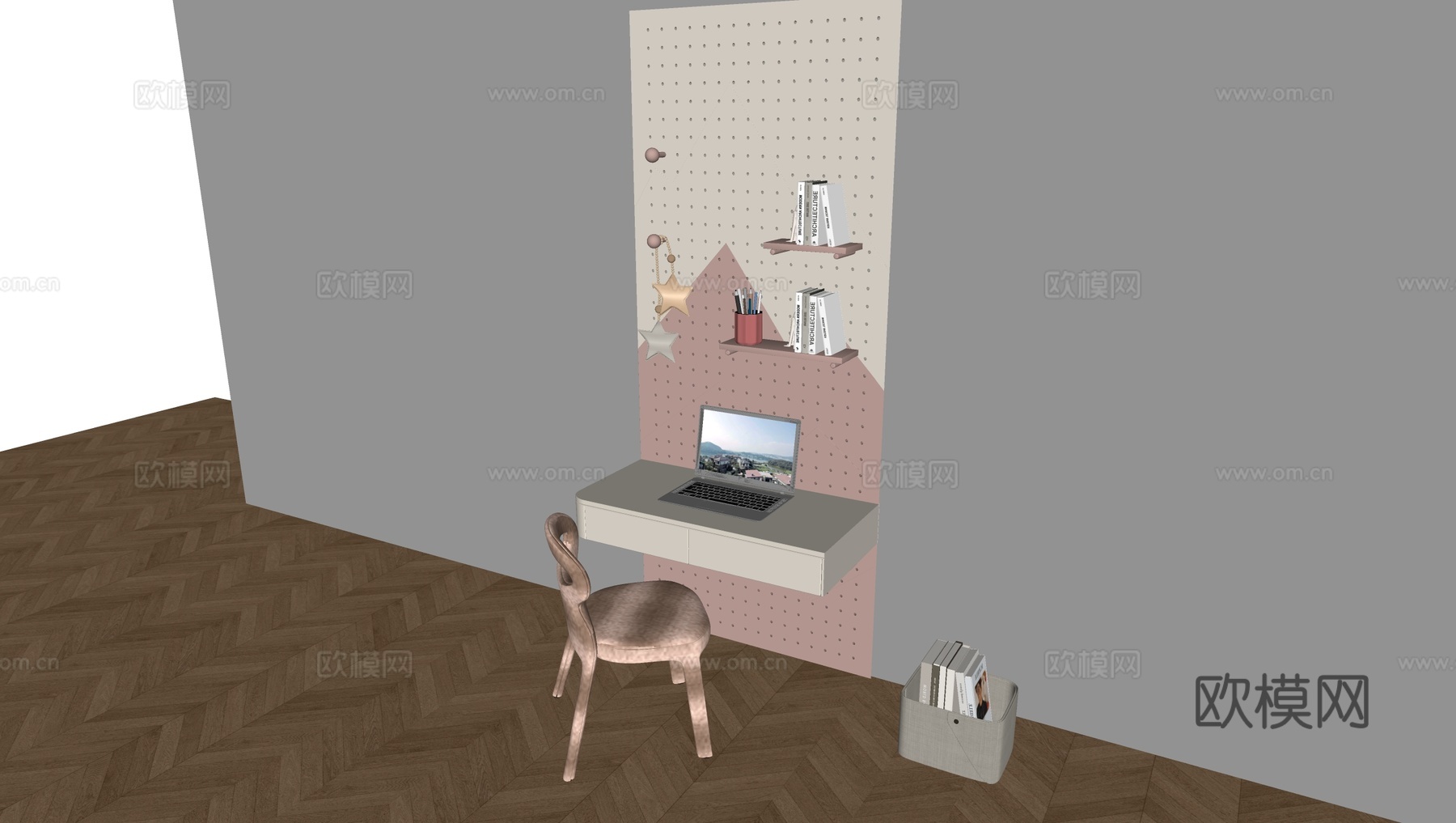 奶油风书桌 写字台su模型下载（渲染图1）