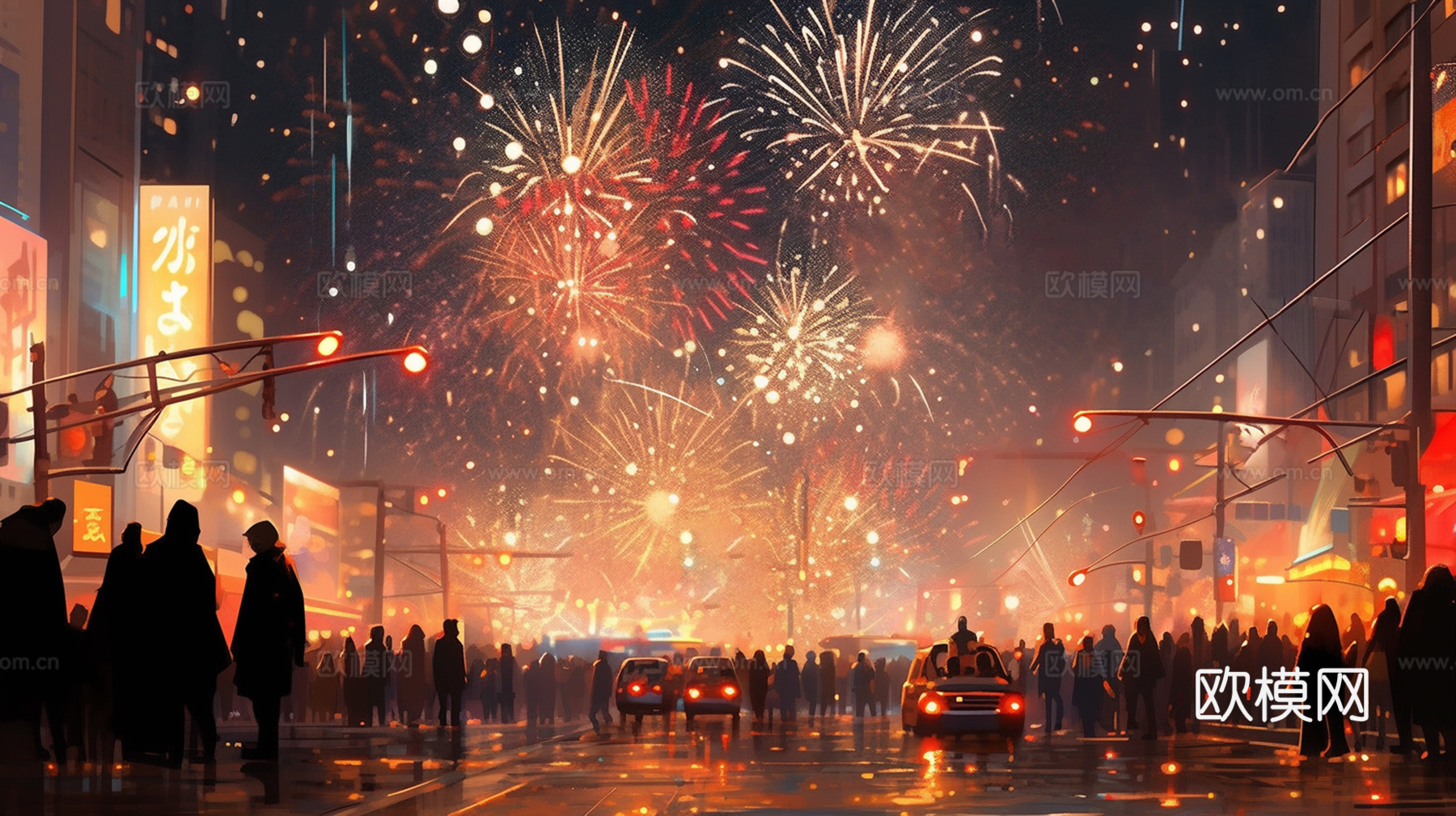 夜空烟花插画壁画