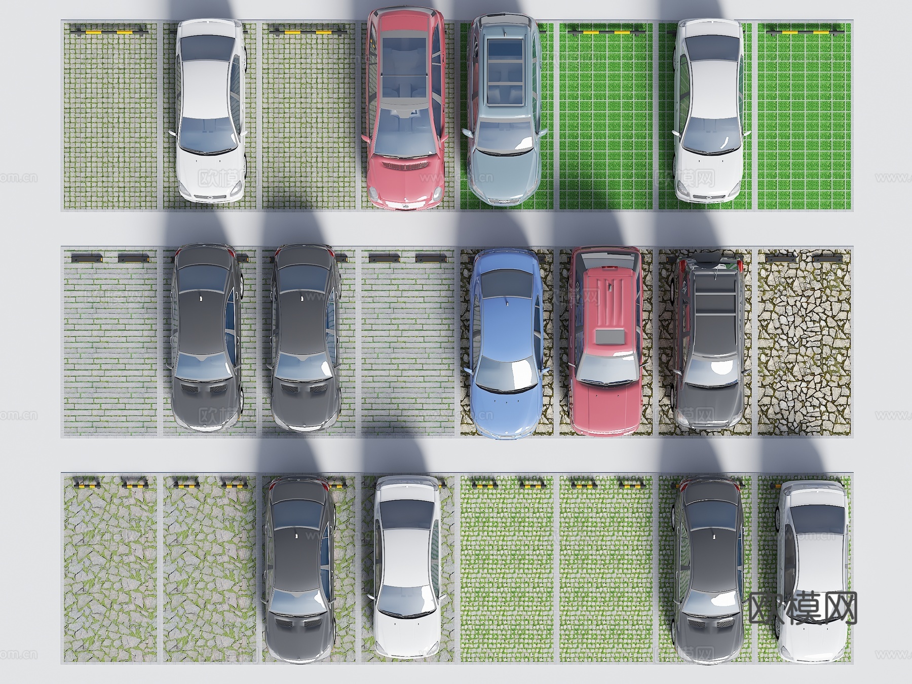 轿车停车场 停车位挡器 停车限位器 植草砖停车位3d模型