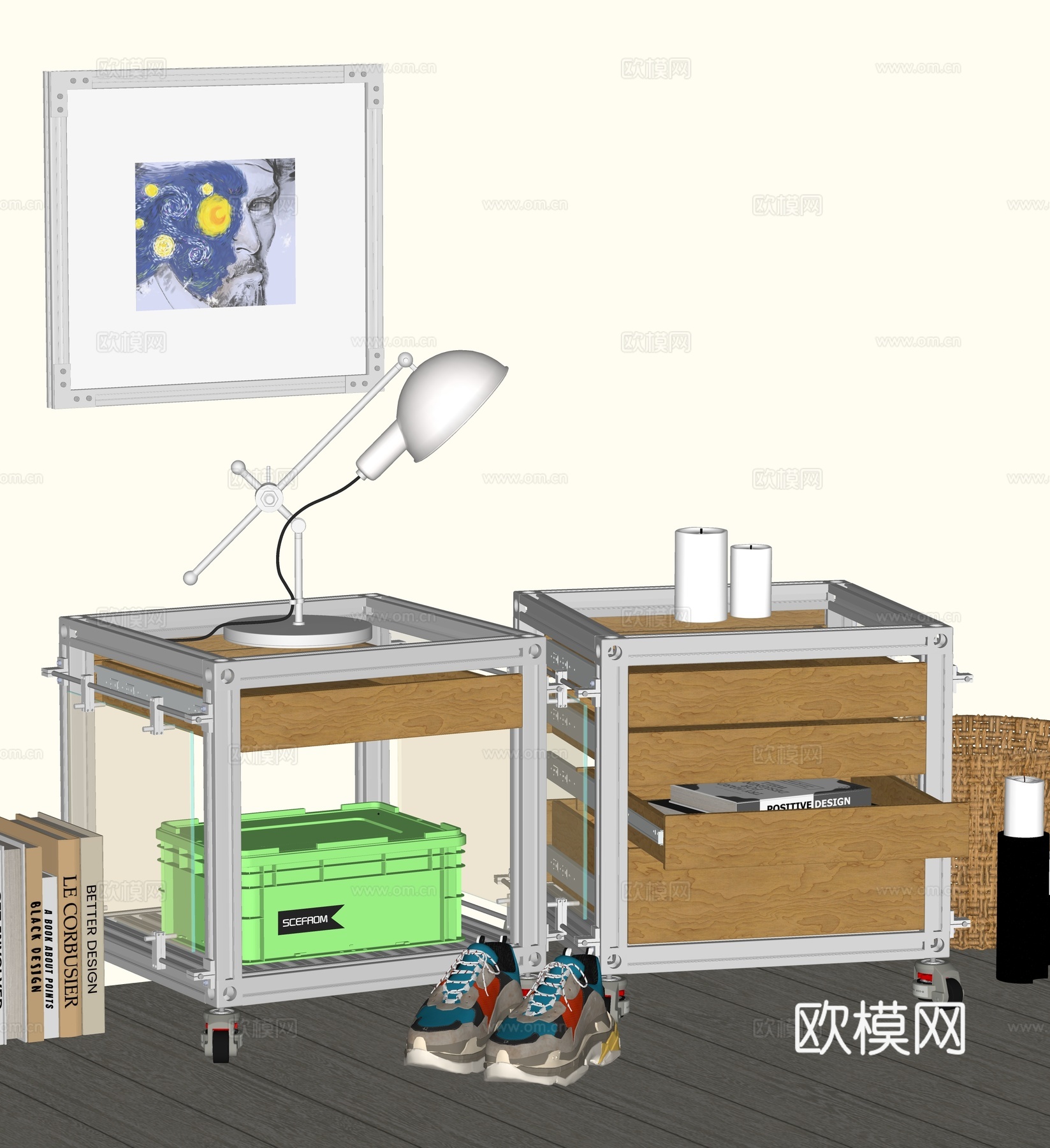 中古风床头柜su模型下载（渲染图1）