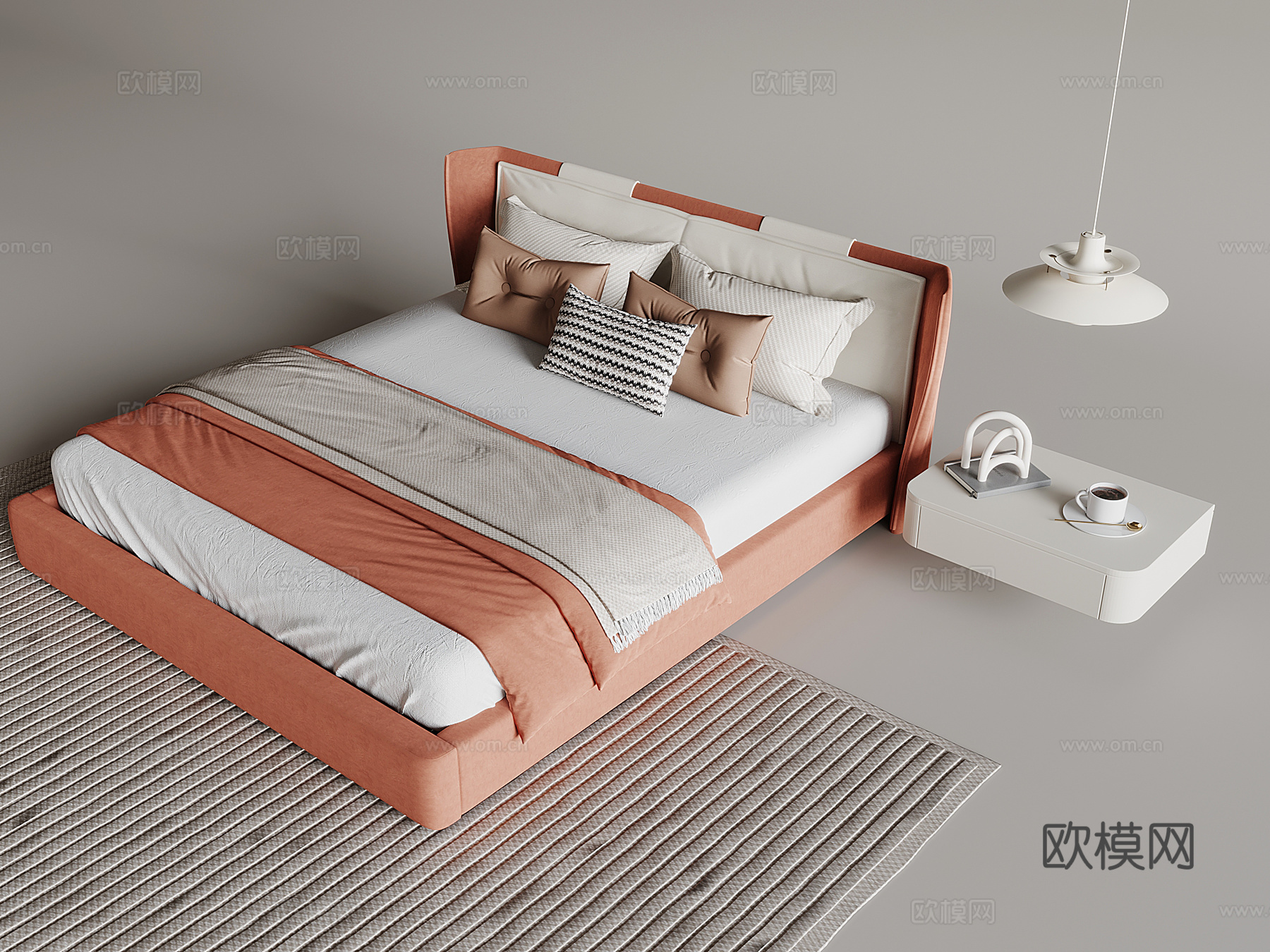 现代双人床su模型下载（渲染图2）
