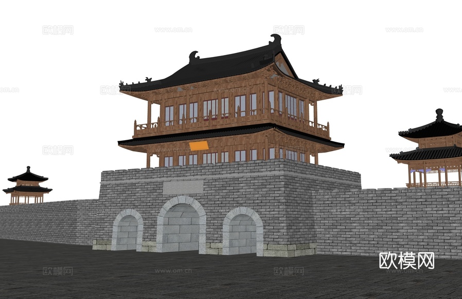 中式城门楼 城墙su模型下载(渲染图1)