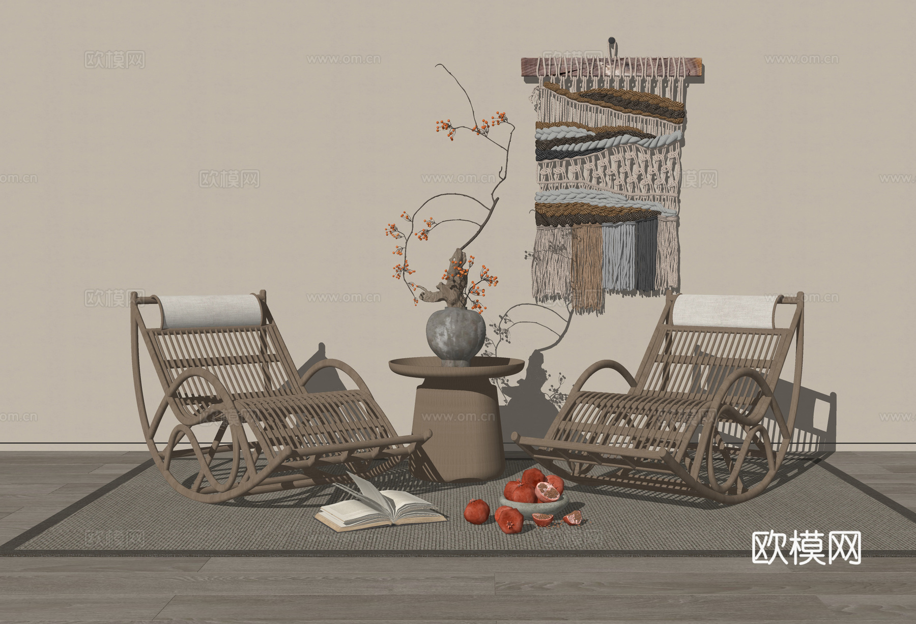 侘寂椅子 躺椅 摇椅su模型下载（渲染图1）