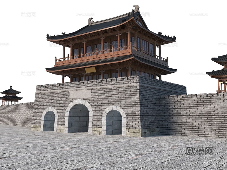 中式城门楼 城墙su模型下载(渲染图2)