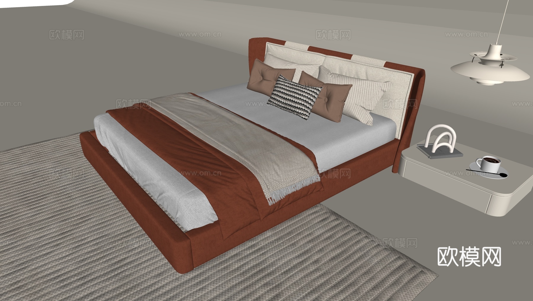 现代双人床su模型下载（渲染图1）