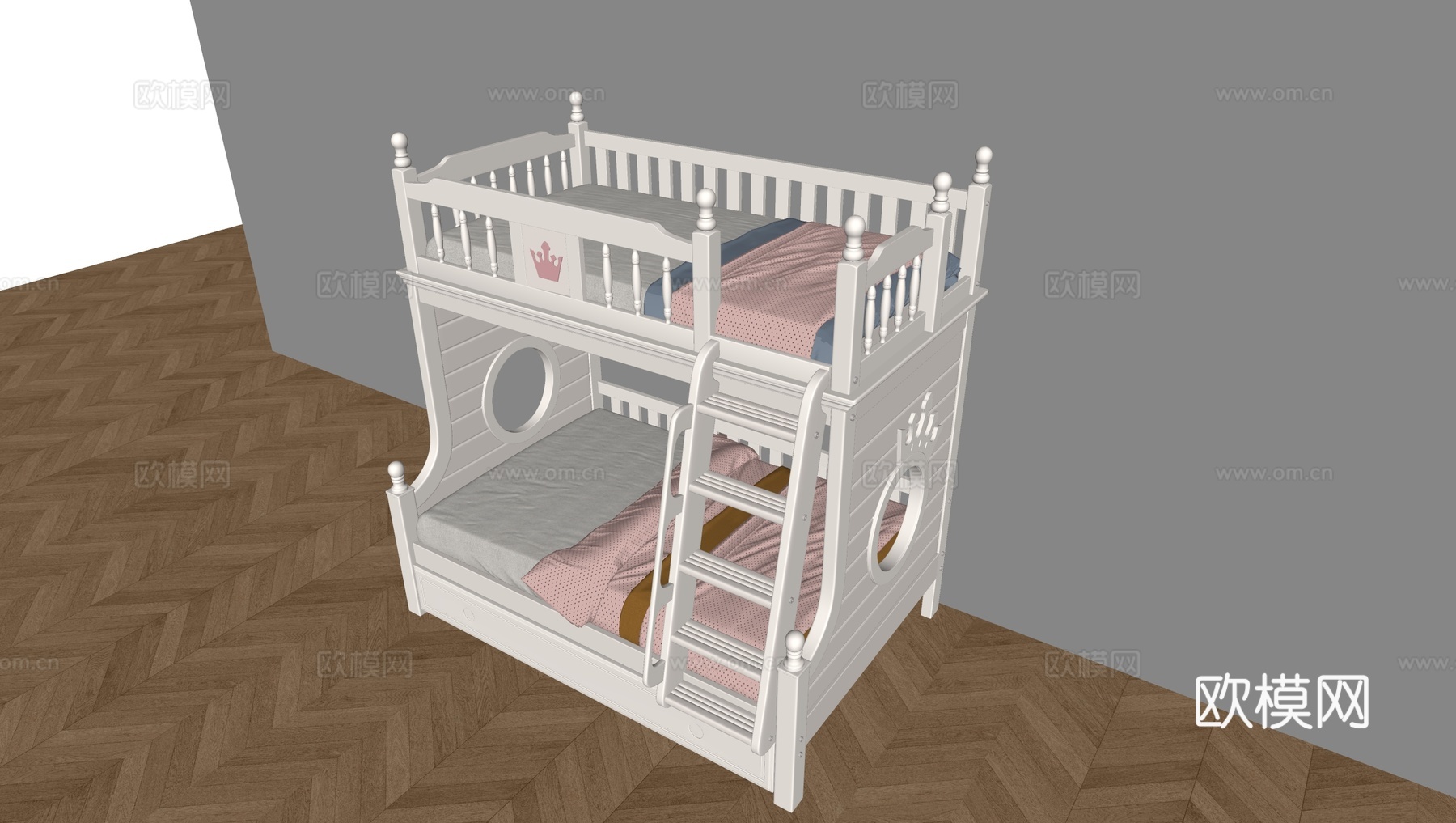 奶油风儿童床su模型下载（渲染图1）