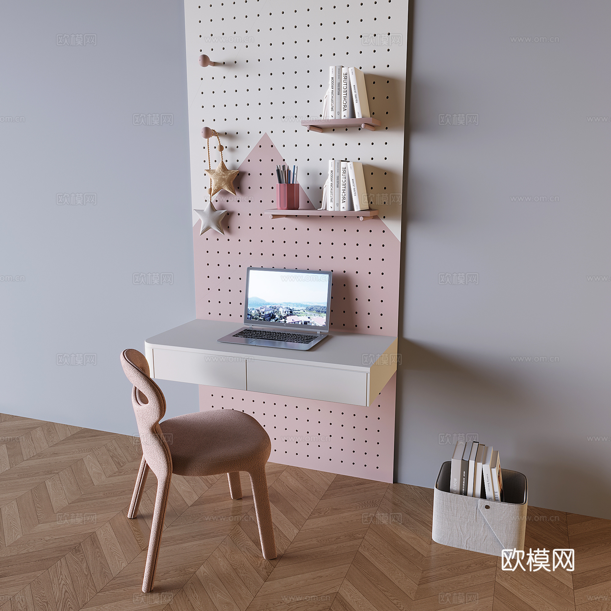 奶油风书桌 写字台su模型下载（渲染图2）