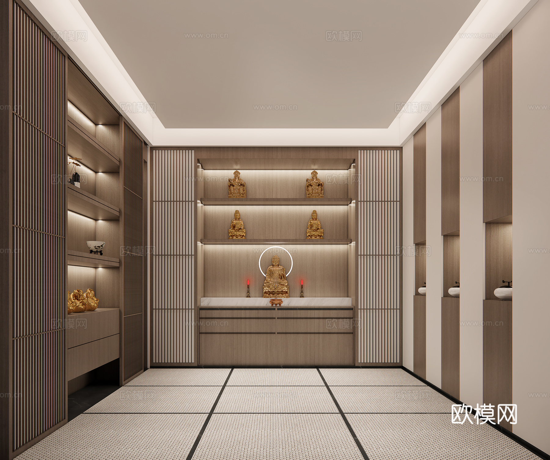 新中式家居佛堂 佛龛室 供奉台 香炉 佛龛su模型下载（渲染图1）