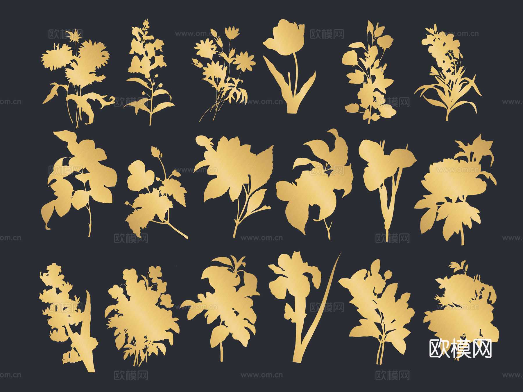 国潮金属雕花 花卉剪影 腊梅花 牡丹 墙饰3d模型