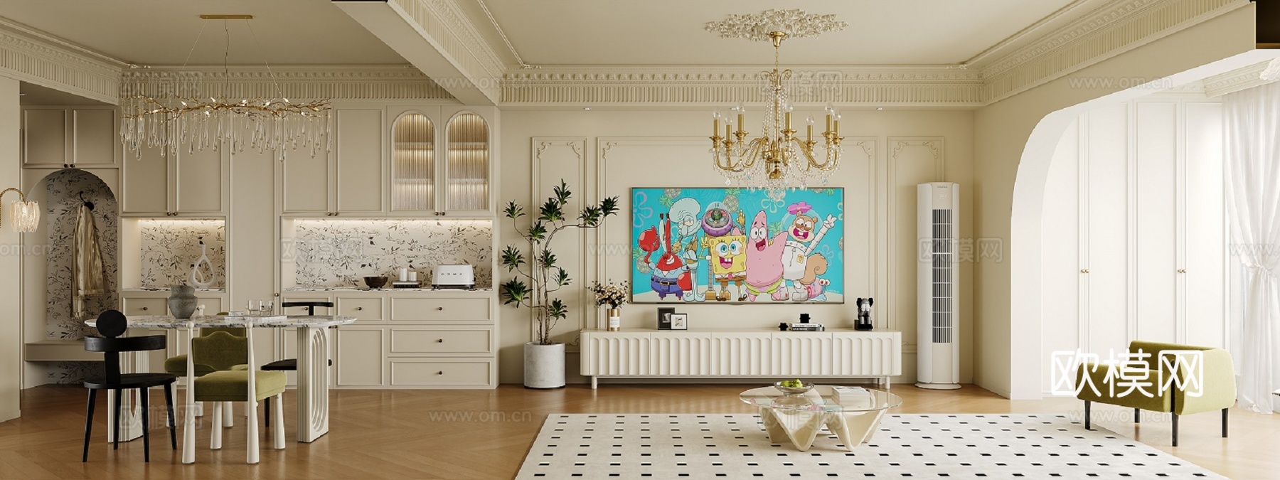 法式客餐厅3d模型下载（渲染图2）
