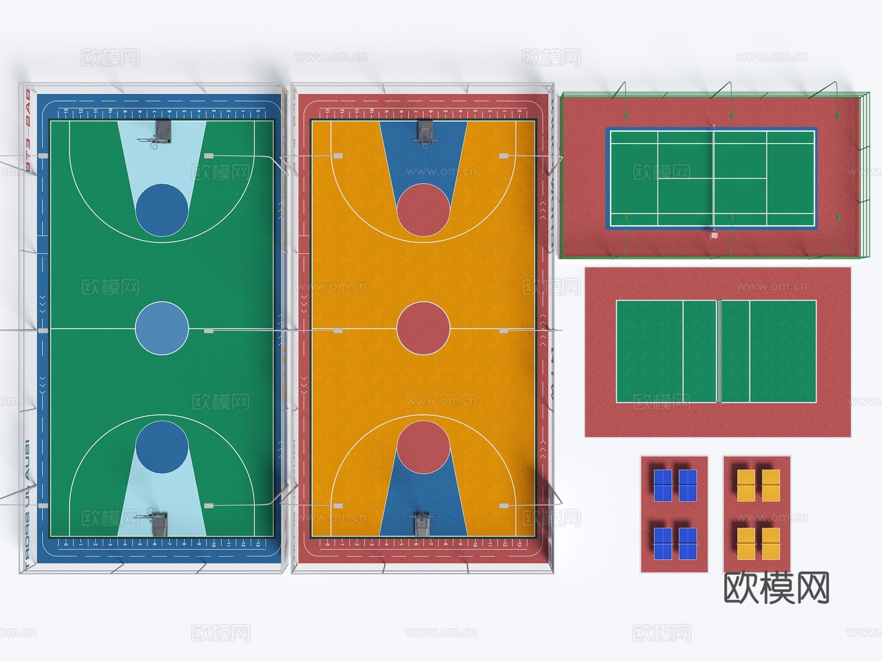 现代球场 运动场地 篮球场 羽毛球场 玩球场 乒乓球桌 塑胶3d模型