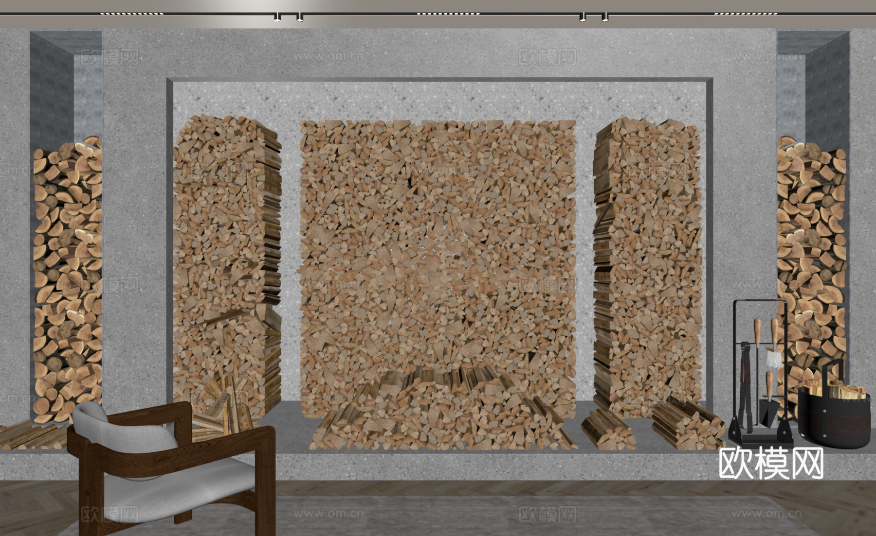 现代壁炉 柴火su模型下载（渲染图2）