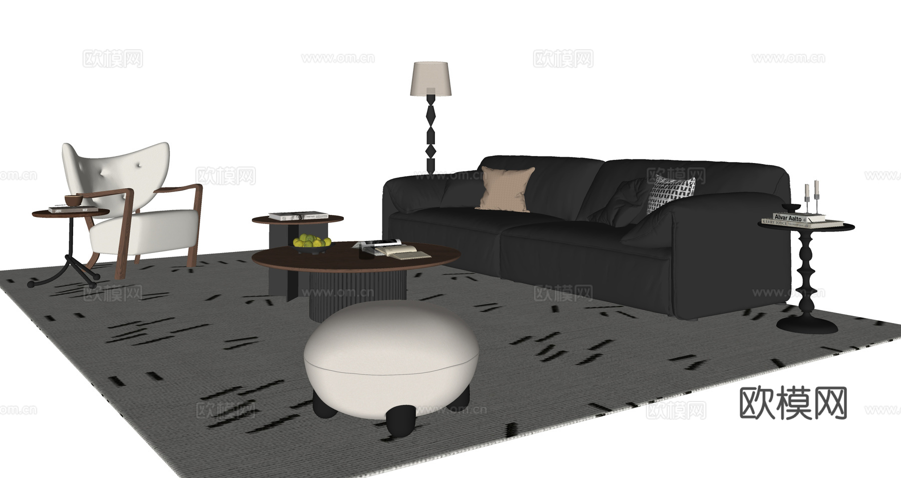 中古风组合沙发su模型下载（渲染图1）