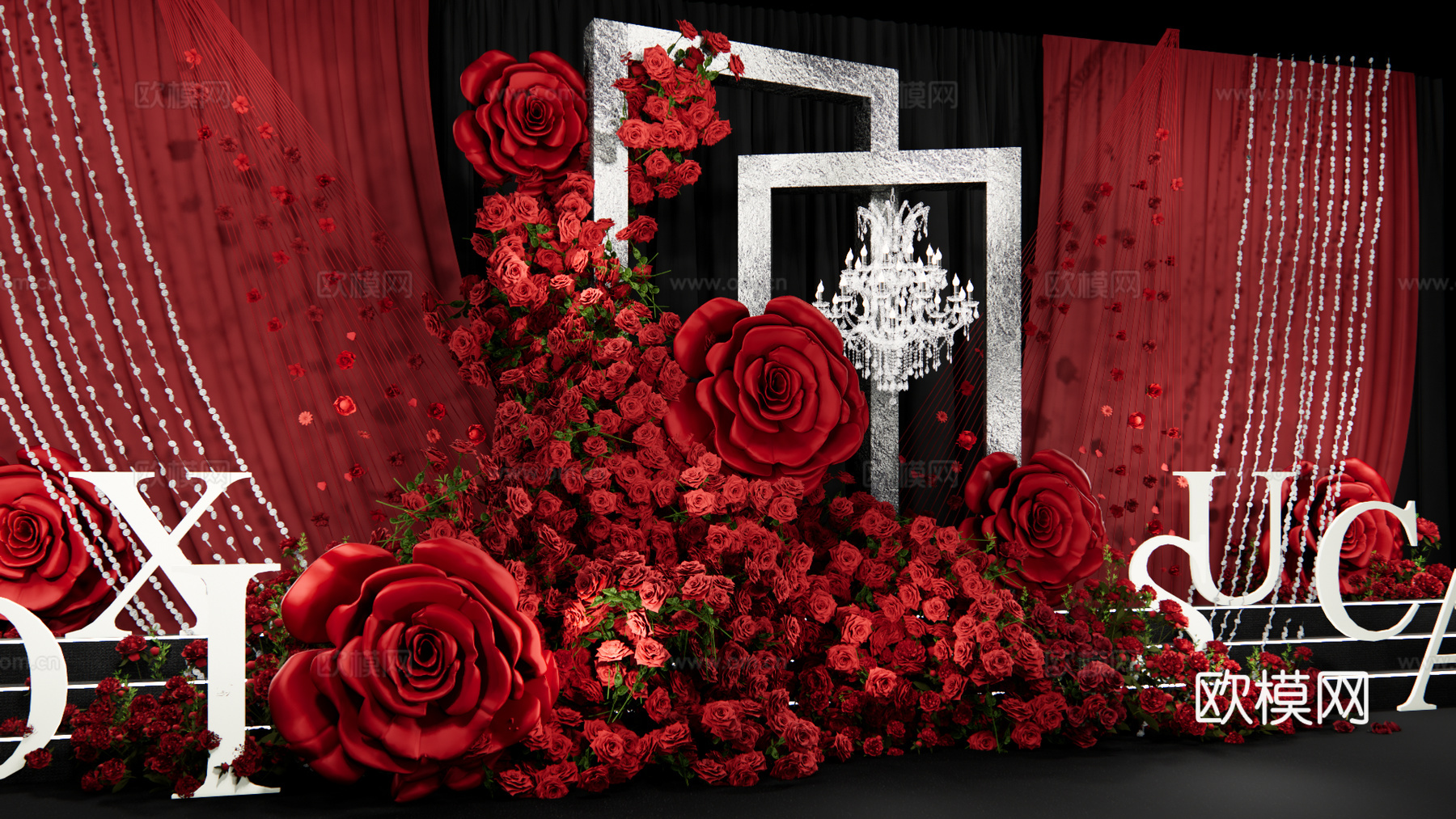 小众红玫瑰秀场风婚礼设计su模型下载（渲染图1）