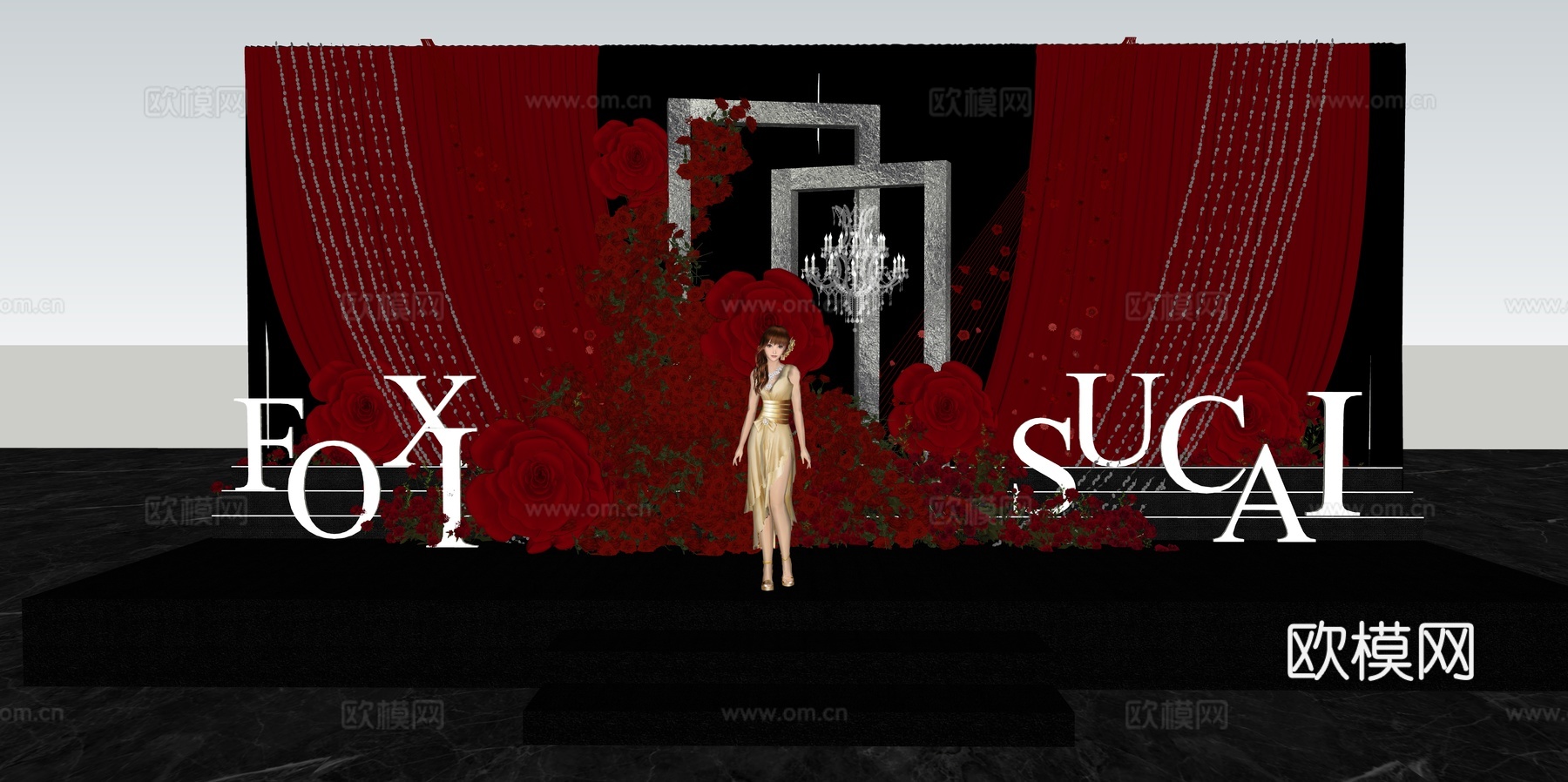 小众红玫瑰秀场风婚礼设计su模型下载（渲染图5）