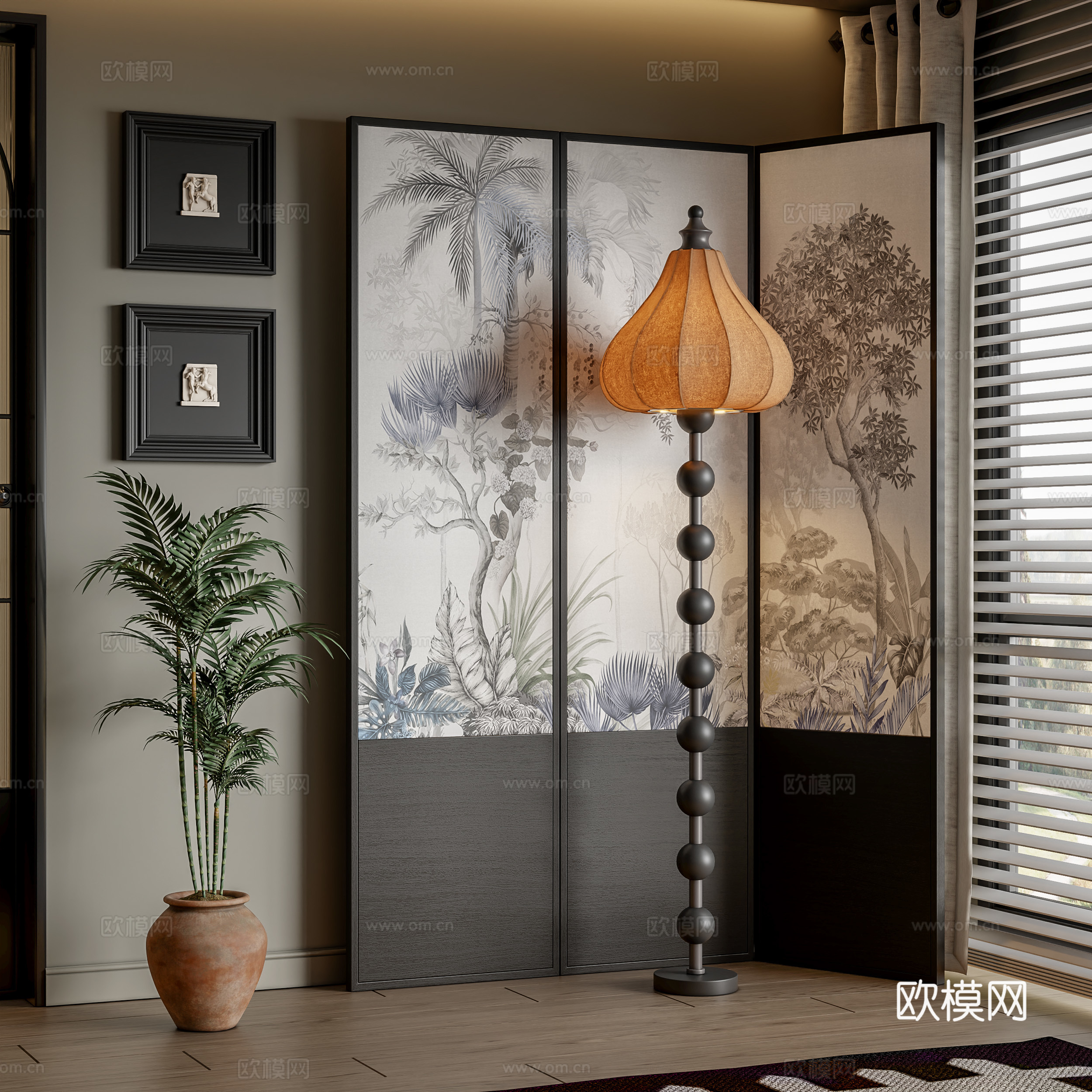 中古风落地灯su模型下载（渲染图1）