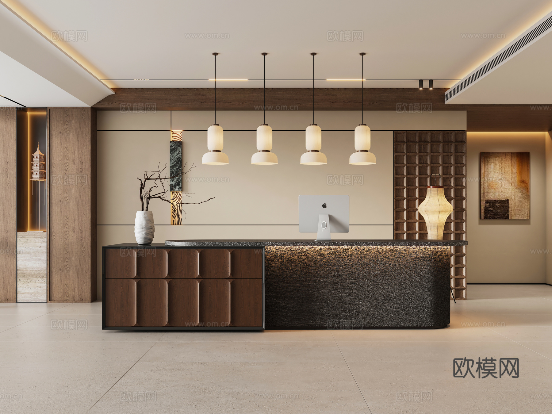 中古风酒店前台 民宿大厅 吧台收银台 吊灯 背景墙su模型下载（渲染图1）
