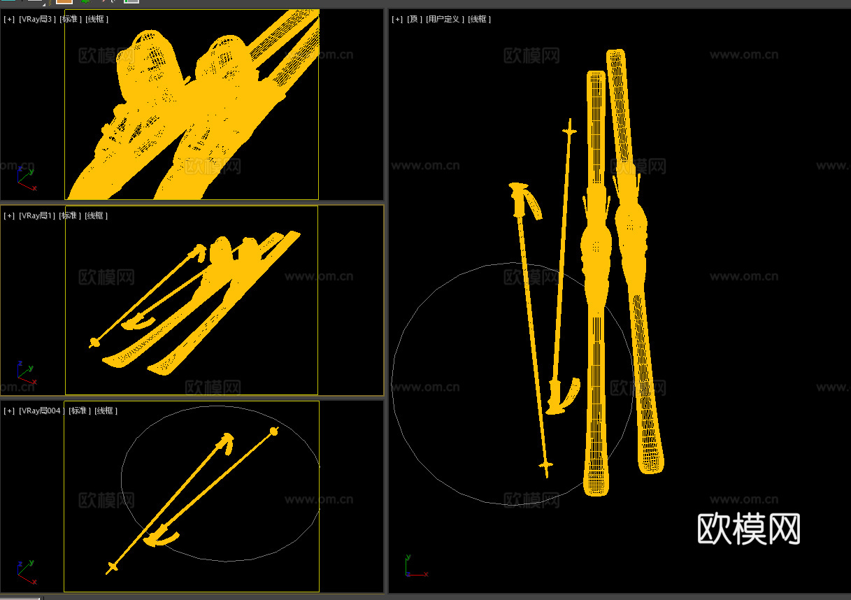 滑雪鞋 滑雪板 滑雪杆3d模型