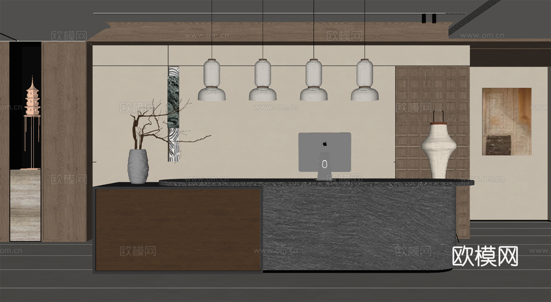 中古风酒店前台 民宿大厅 吧台收银台 吊灯 背景墙su模型下载（渲染图2）