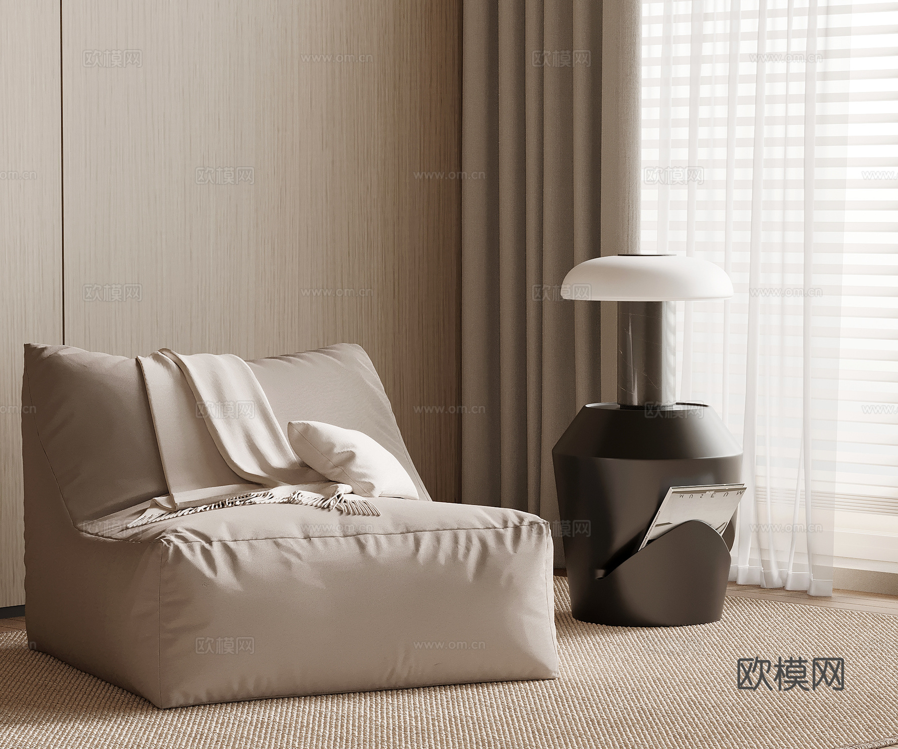 现代奶油风休闲沙发 懒人沙发 边几su模型下载（渲染图1）