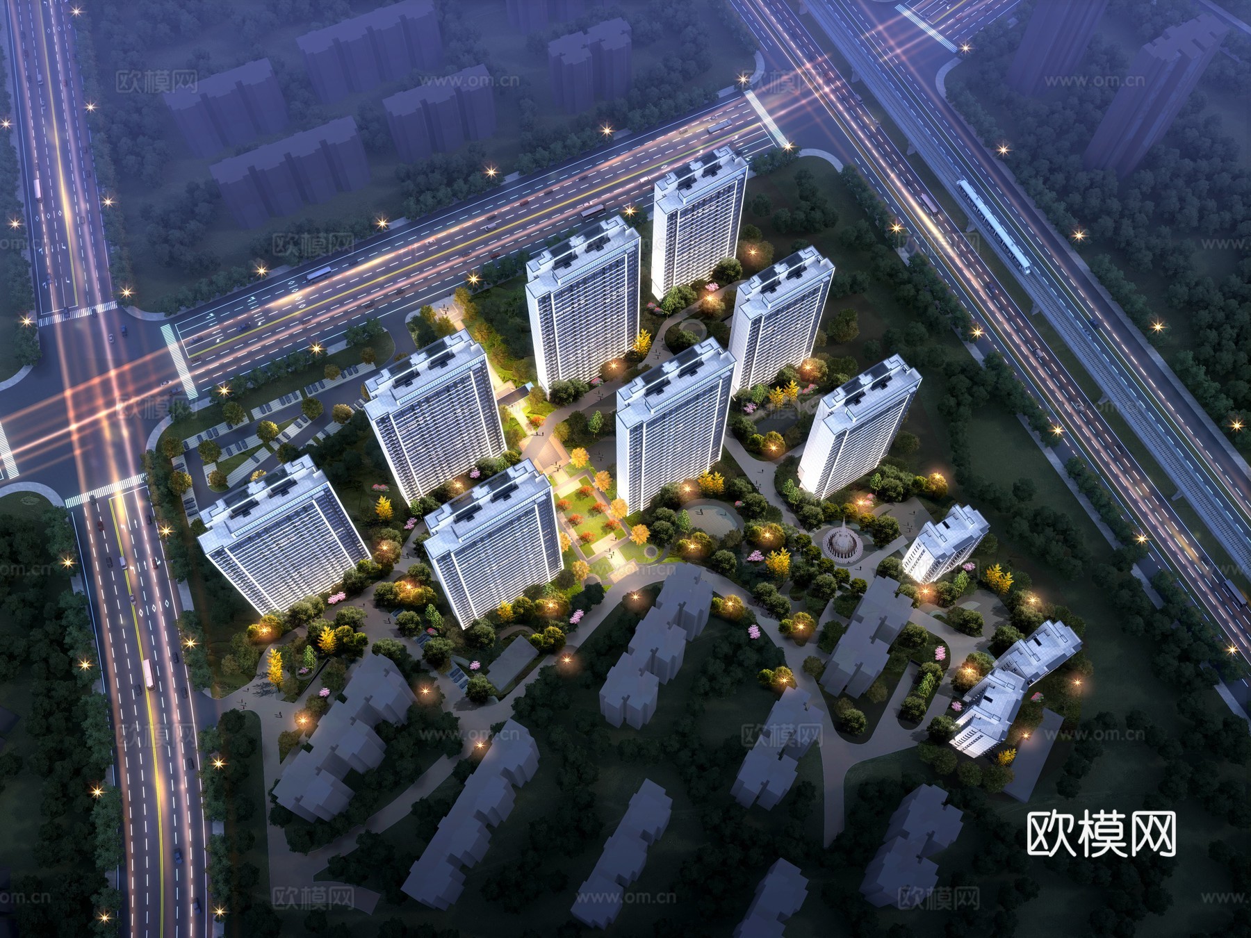 住宅夜景鸟瞰3d模型下载