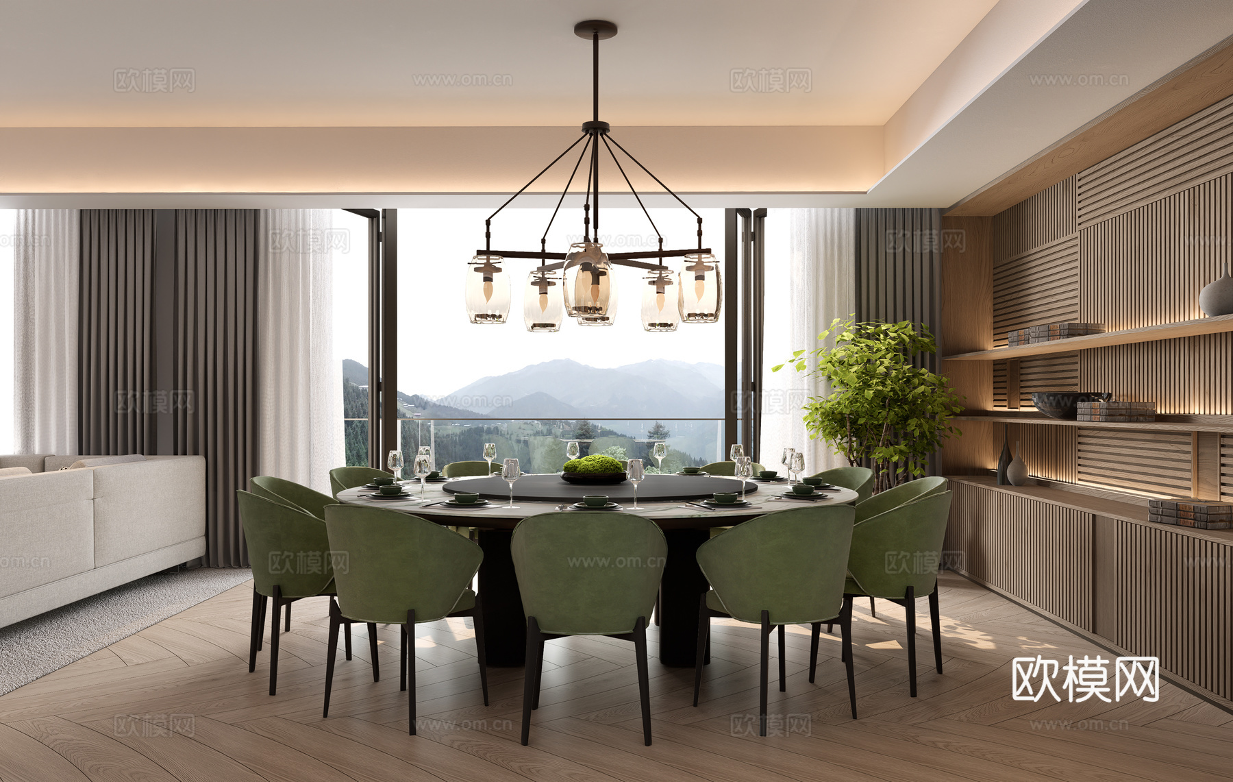 现代新中式中餐厅 餐厅酒柜 餐座椅组合 吊灯su模型下载（渲染图2）